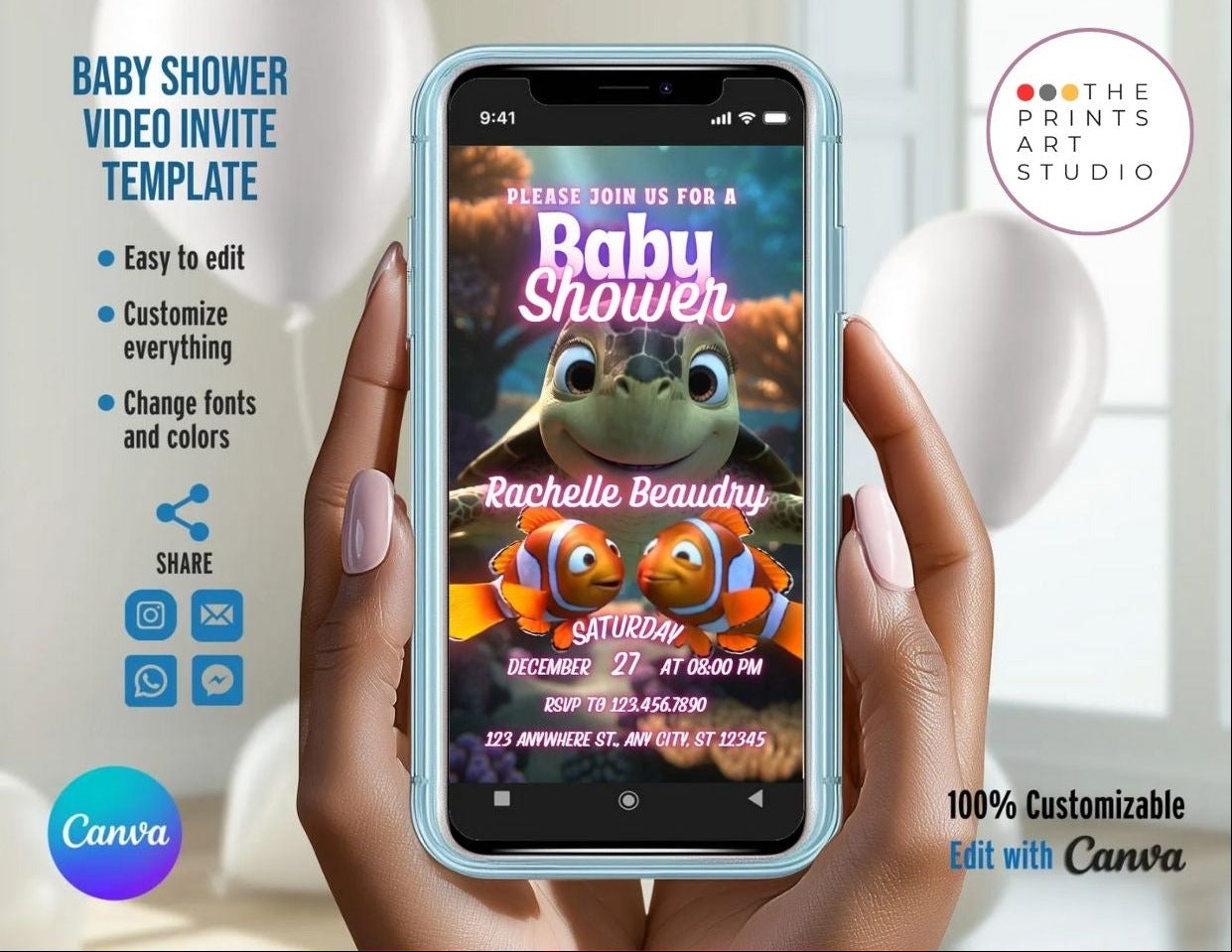 Baby Shower Video Invitation Template, Under the Sea theme on mobile, editable with Canva