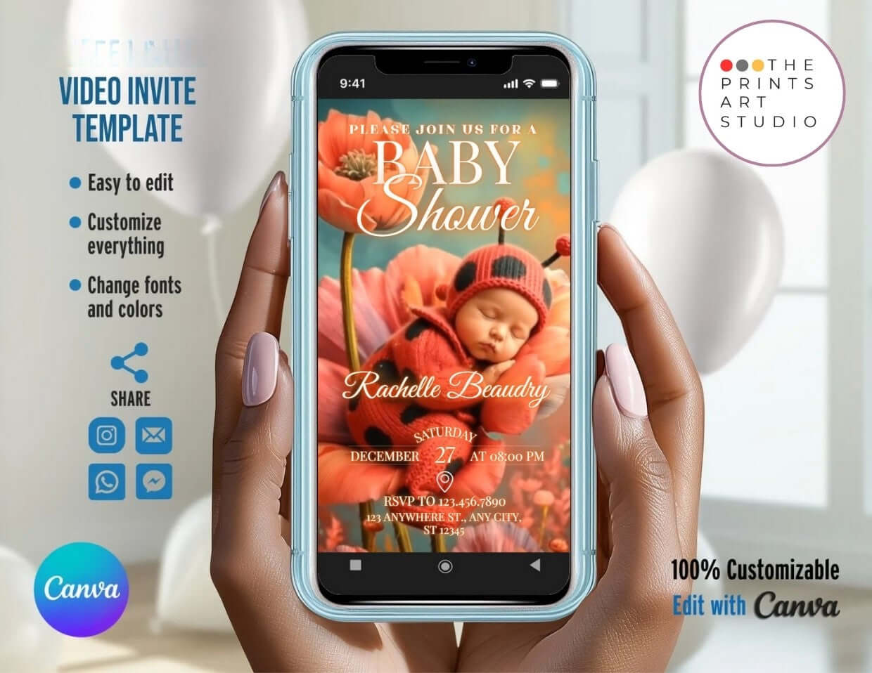Ladybug Baby Shower Video Invitation – Editable Canva Template MP4