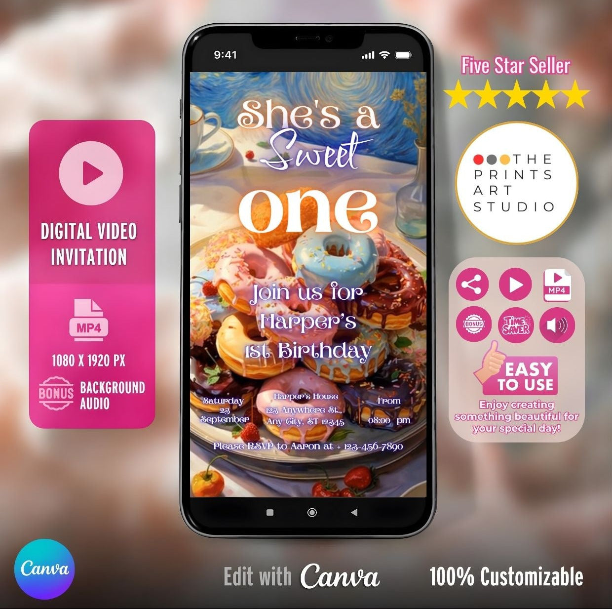 donut birthday video invitation on smartphone screen, customizable sweet invite with donuts and playful theme for kids' party