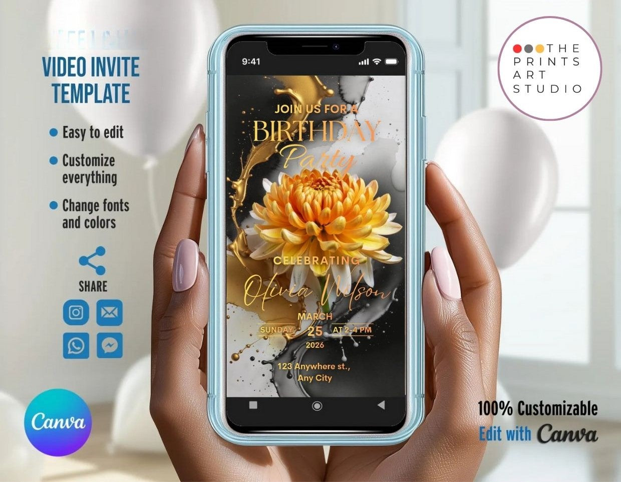 Editable Birthday Video Invitation Template Golden Floral Party Invite on smartphone screen