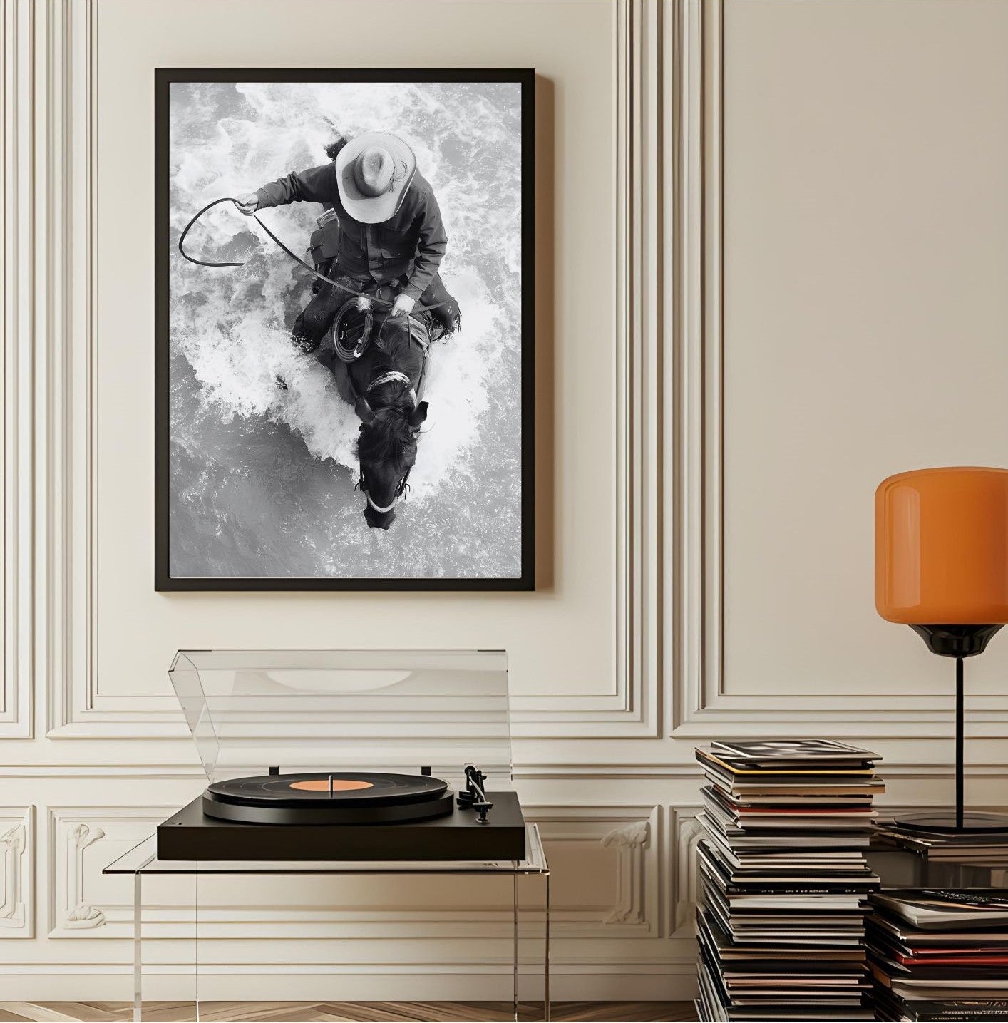 Western Horse Wall Art featuring a cowboy and horse in rushing water, black and white print on stylish interior wall.