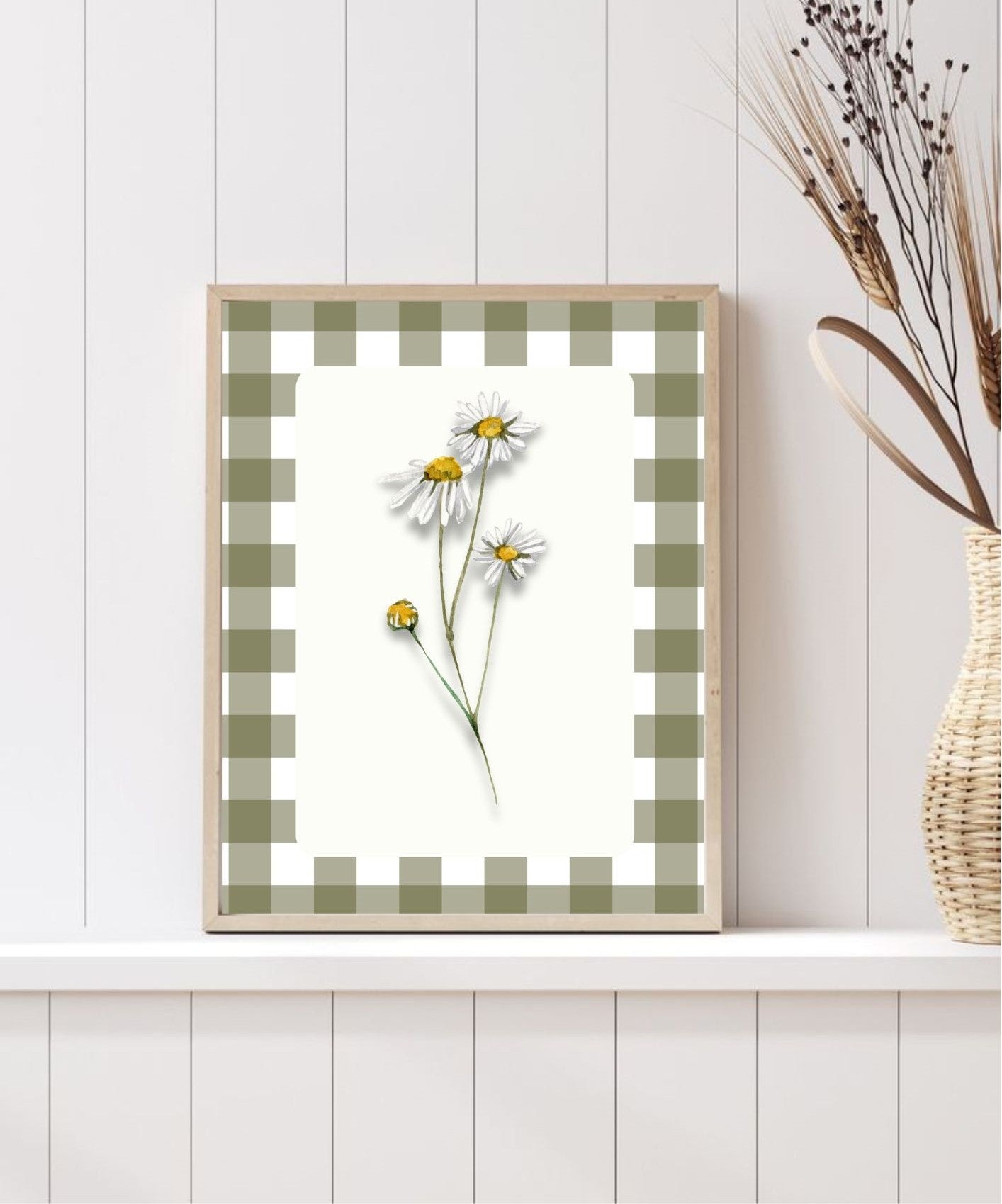 Summer Daisy Wall Art Printable – Farmhouse Kitchen Decor – Gingham Country Style Botanical Art