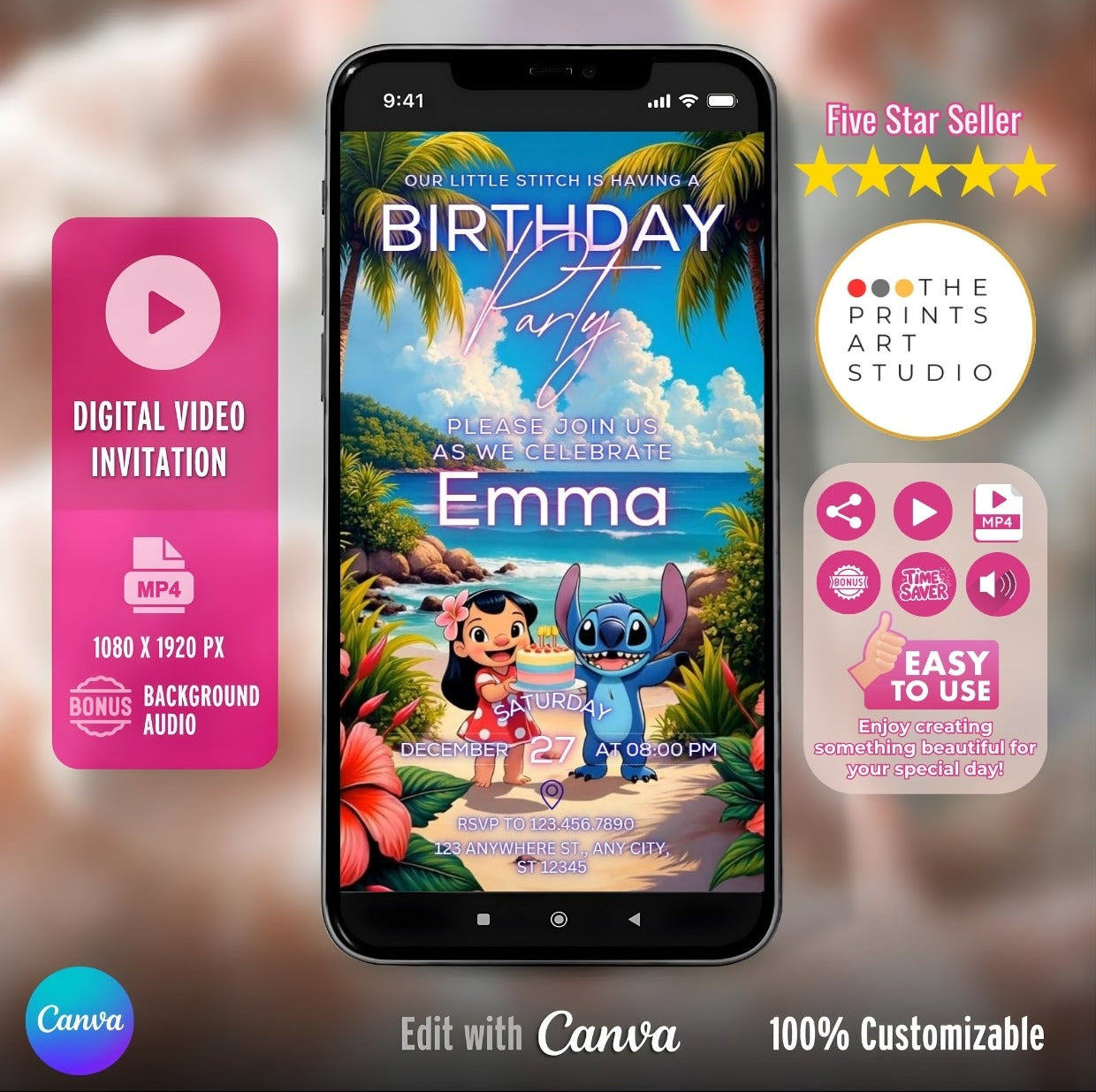Lilo and Stitch birthday video invitation displayed on smartphone screen with tropical theme and customization options.