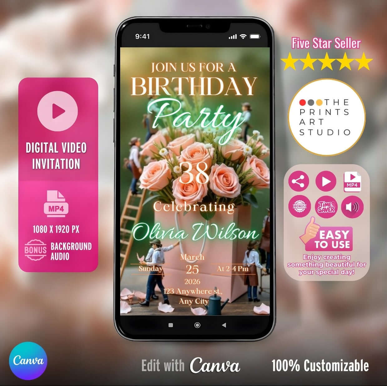 Birthday Video Invitation template on smartphone featuring floral design and customizable event details.