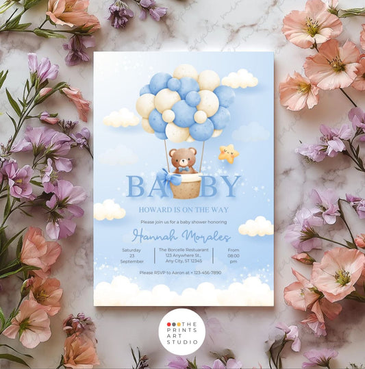Blue Teddy Bear Baby Shower Invitation | Editable Boy Baby Shower Invite | Gender Neutral Balloon Bear Template | Printable Digital Download