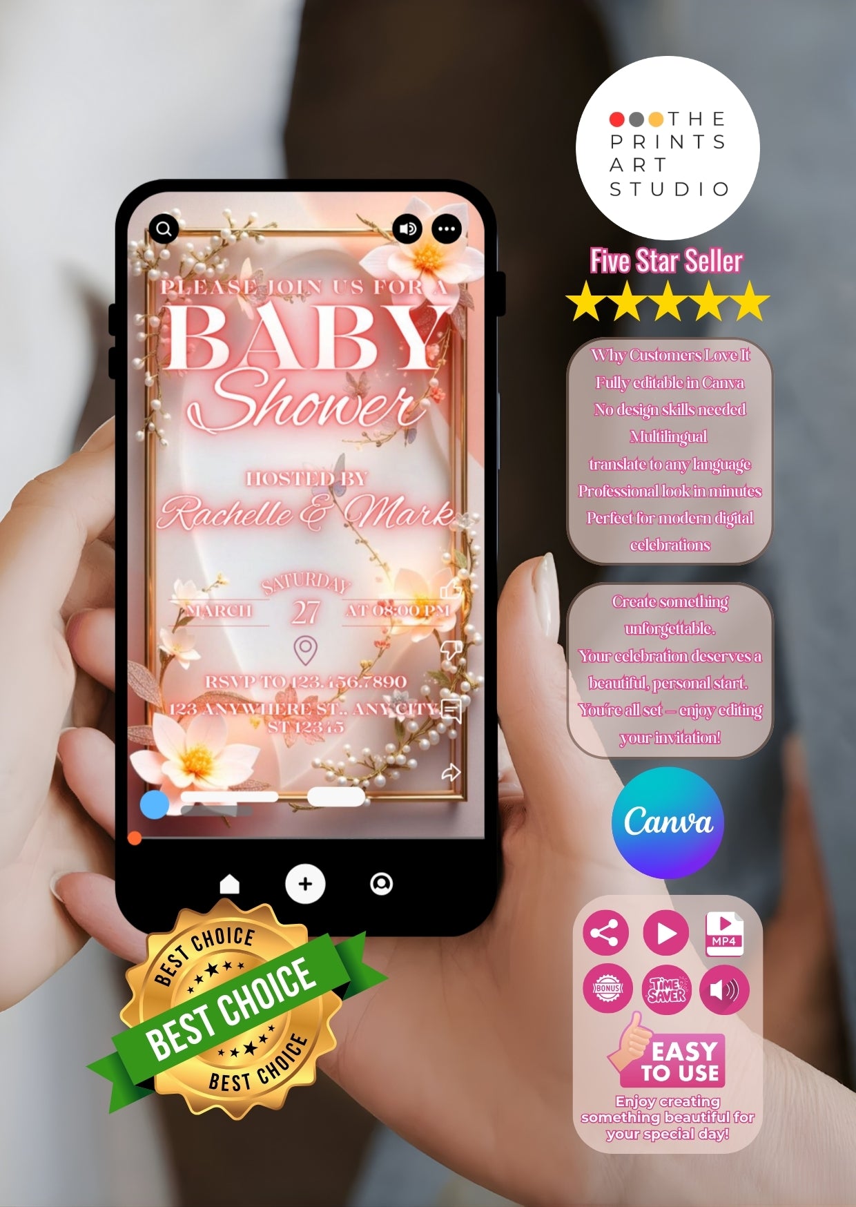 Hands holding a phone displaying a floral baby shower video invitation with pink tones and soft floral details.