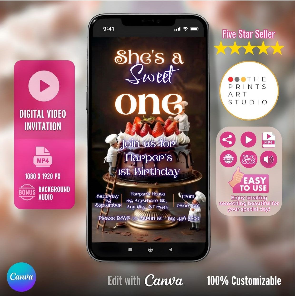 Sweet One Video Invitation Chocolate Birthday Invite on smartphone screen with chocolate cake and customization options