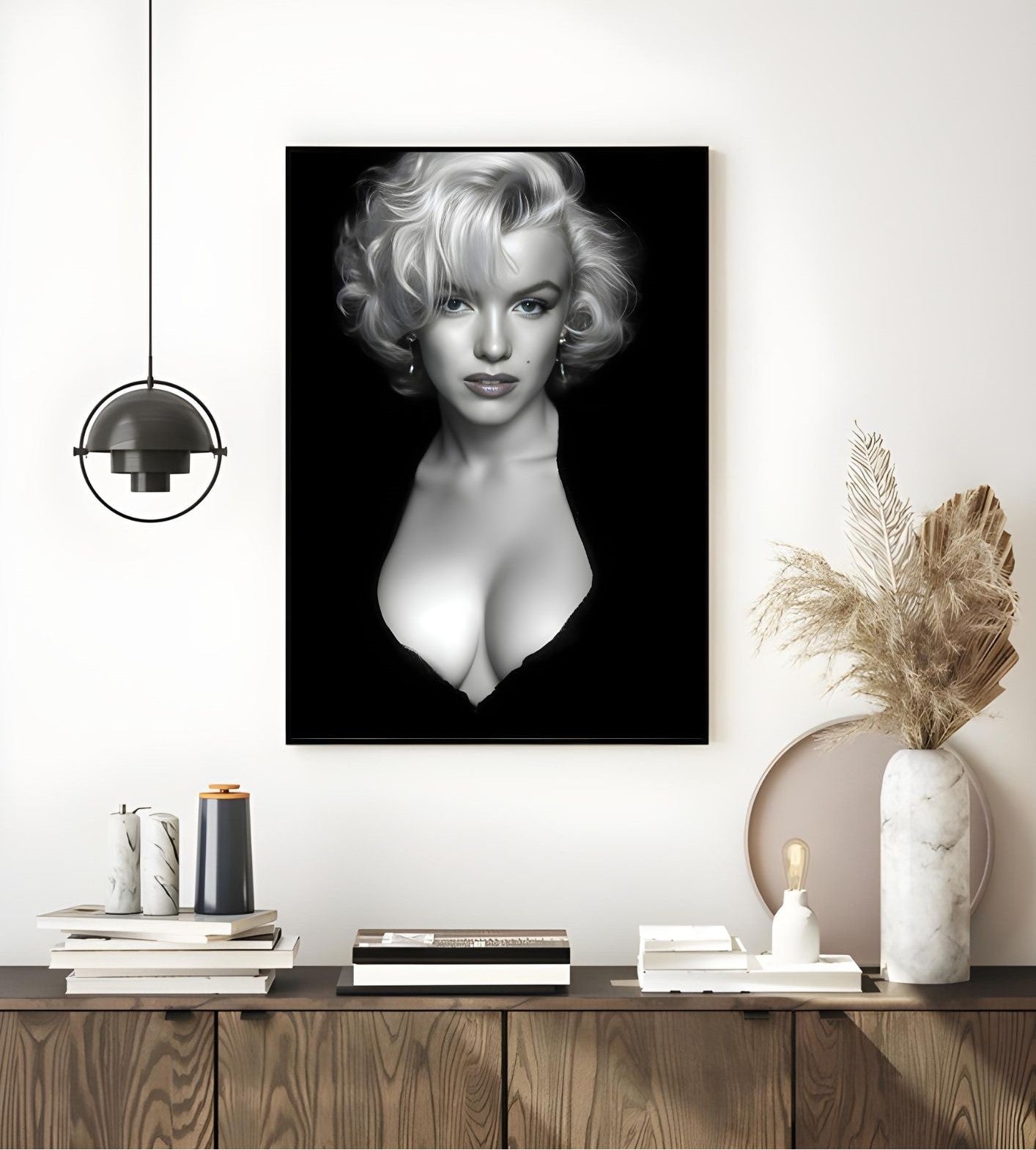 Vintage Hollywood Glamour Wall Art featuring a black and white retro portrait of a classic 1950s film icon with platinum curls.