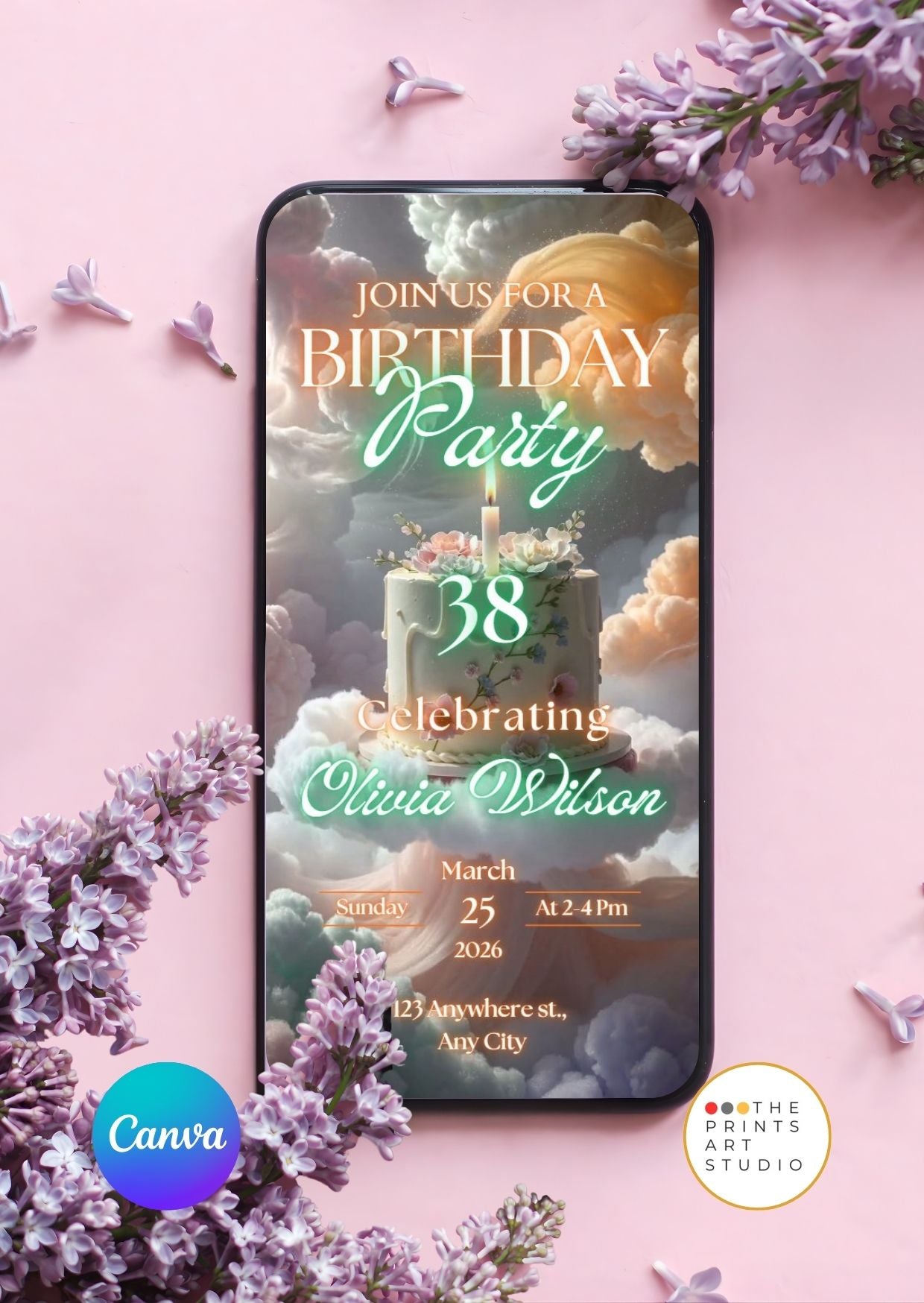 Cloud cake birthday video invitation – Canva editable template with music.