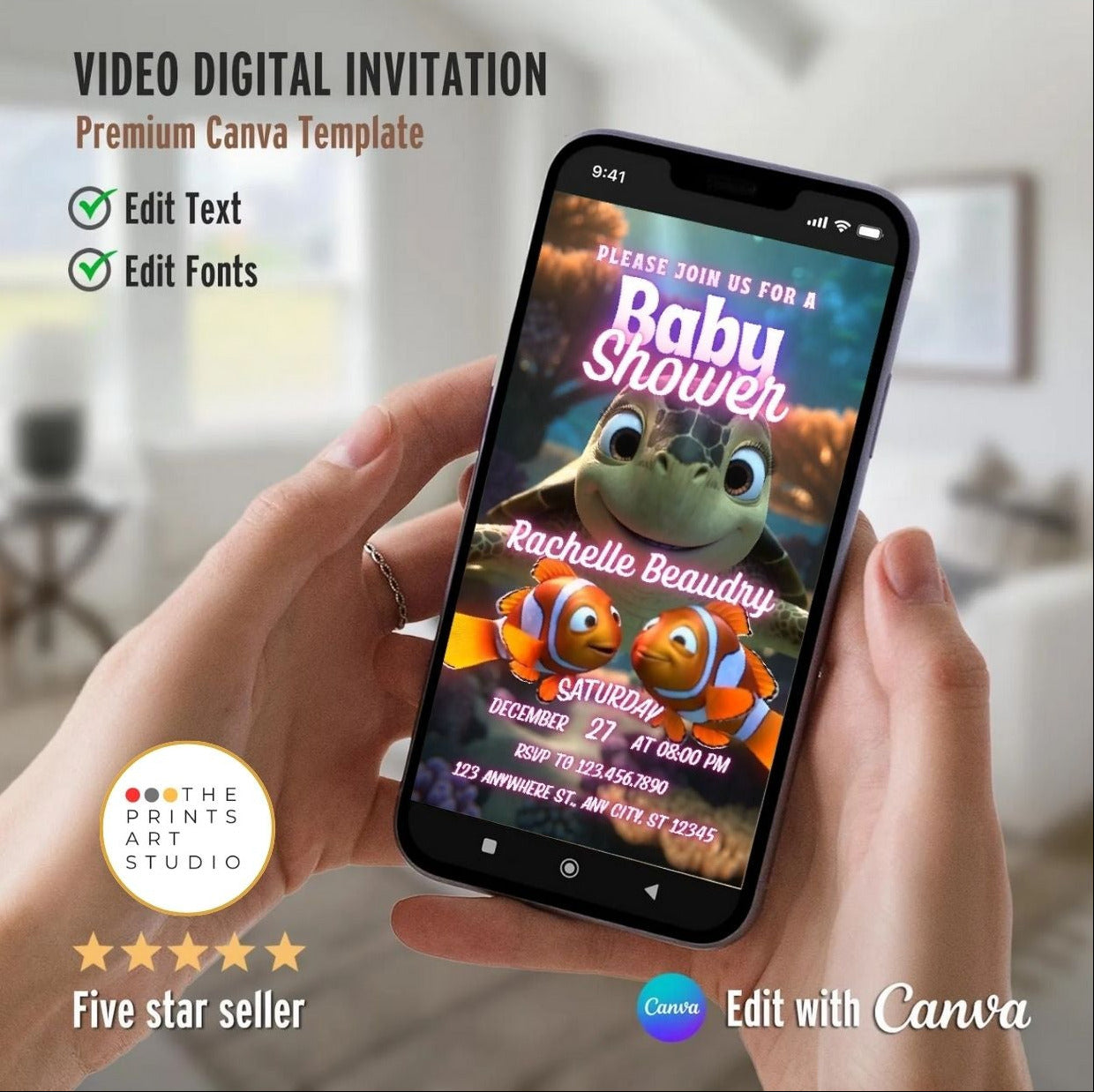 Baby Shower Video Invitation Template in ocean theme displayed on mobile phone