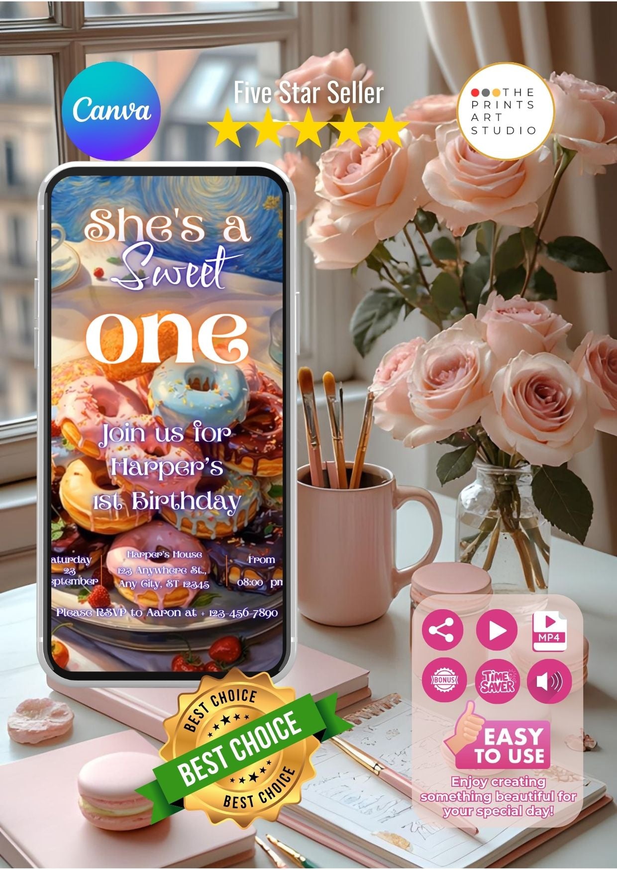 donut birthday video invitation displayed on a phone with flowers and stationery around