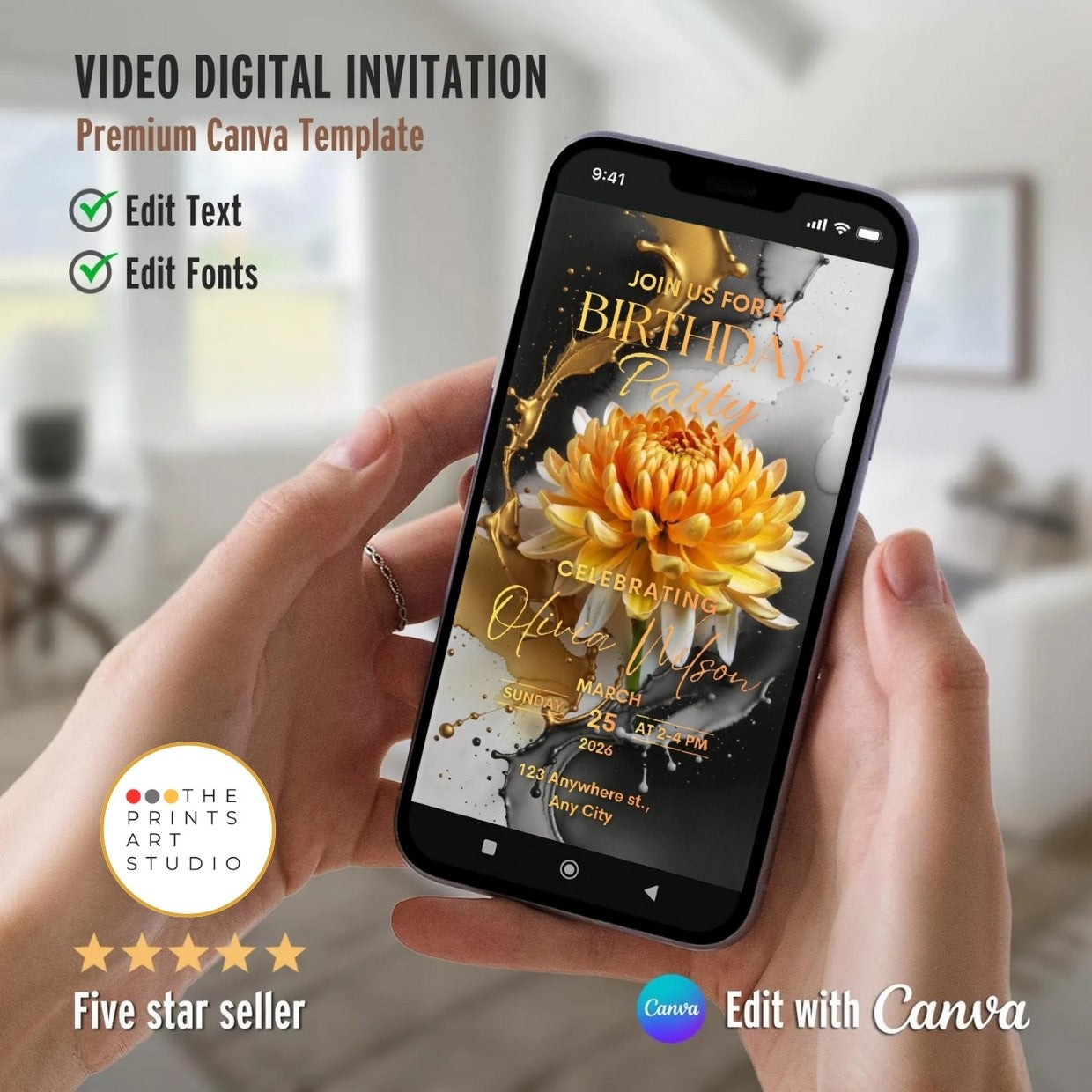 Editable Birthday Video Invitation Template Golden Floral Party Invite displayed on phone screen with golden floral design.