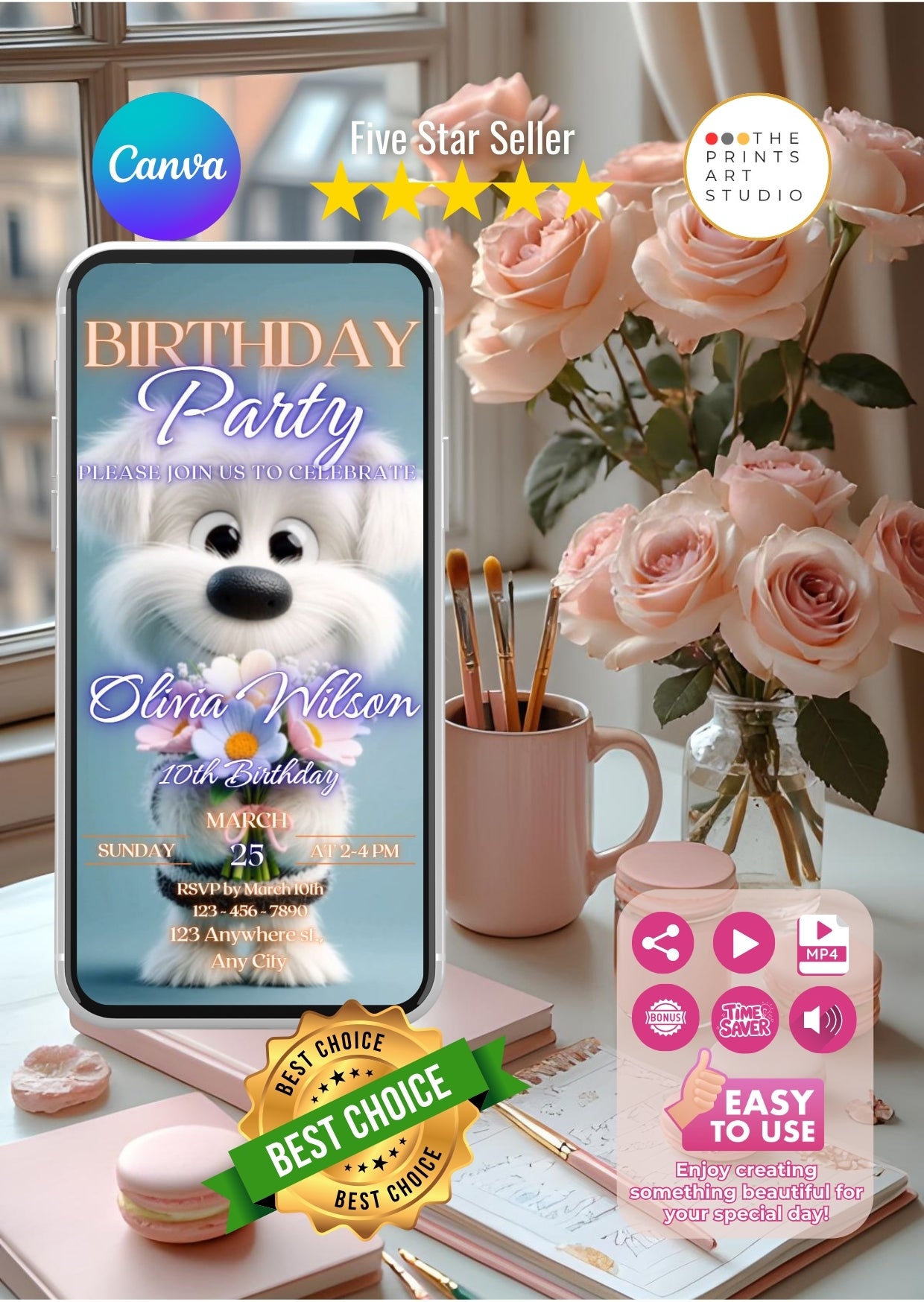 Animated Puppy Birthday Video Invitation displayed on smartphone with flowers and stationery background.