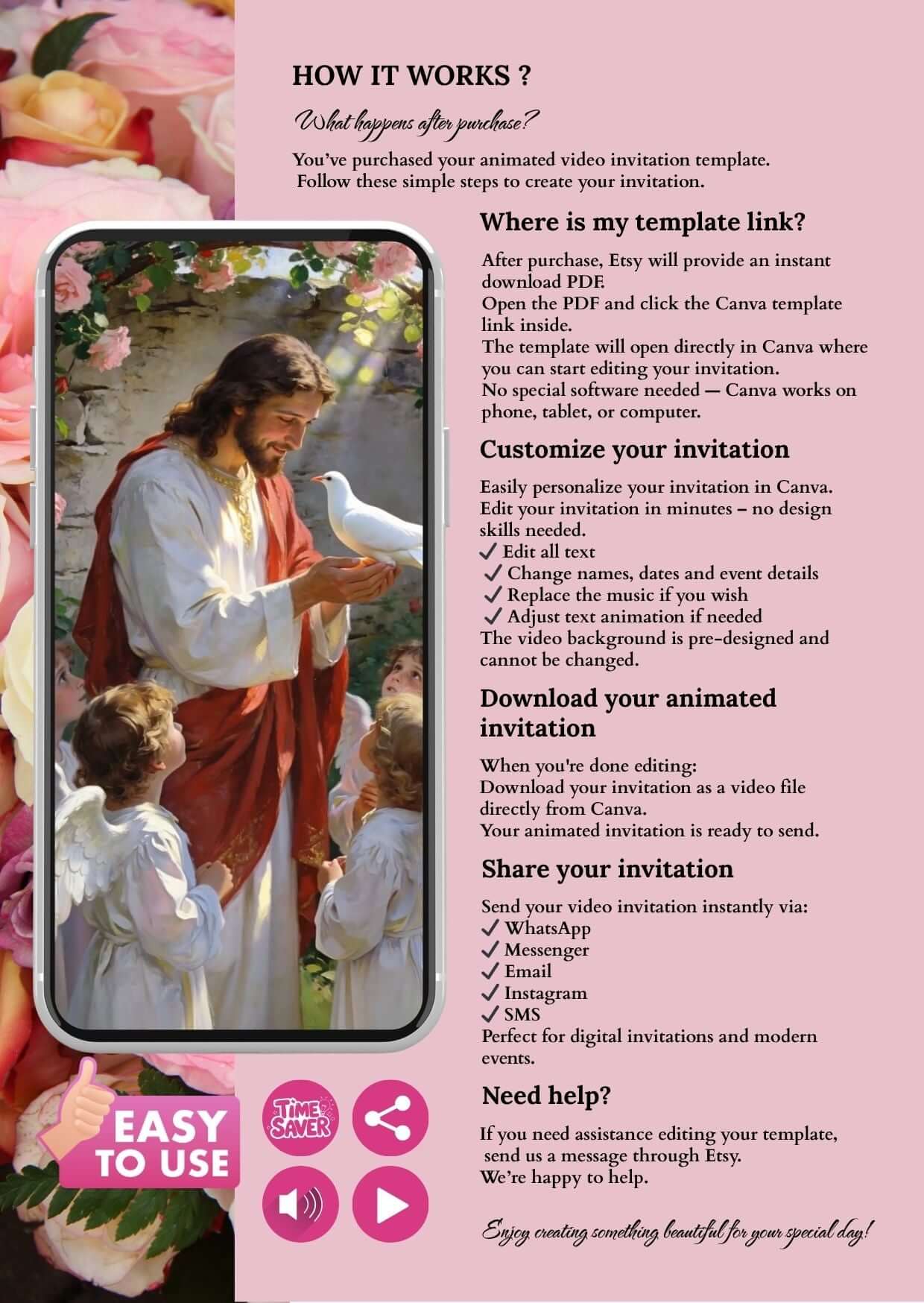 Baptism video invitation template with customization instructions and animated design preview.