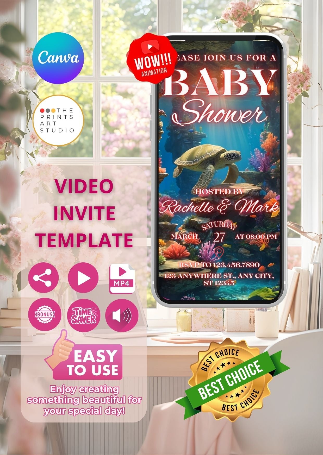 Mermaid Baby Shower Video Invitation displayed on a smartphone, featuring a beautiful underwater theme with vibrant colors and sea life.