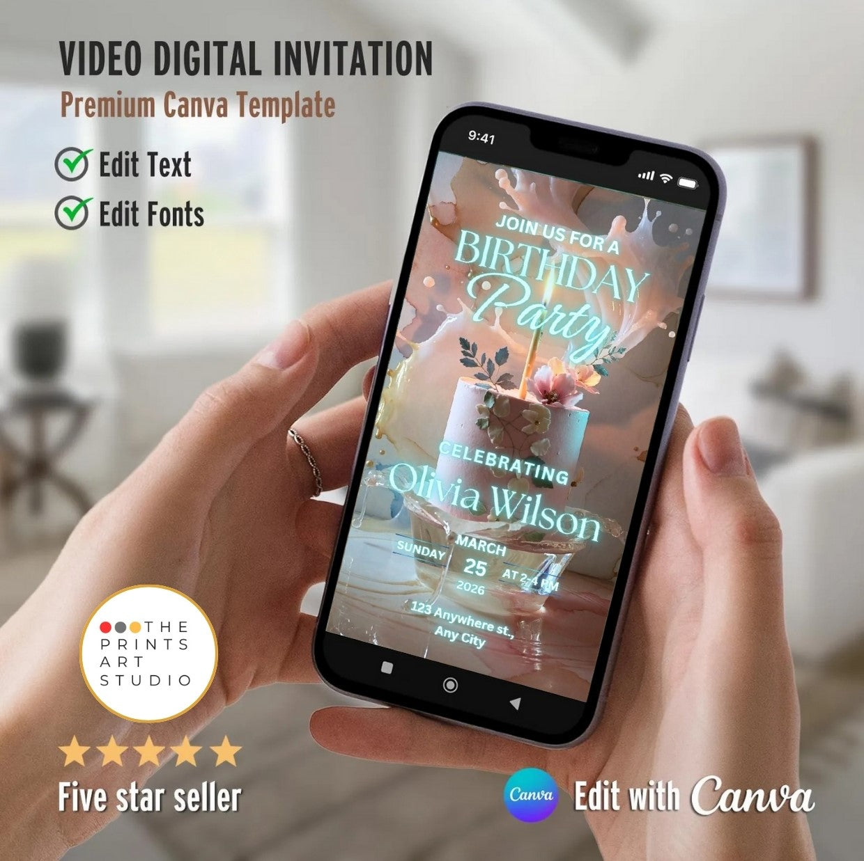 Editable birthday video invitation template ice light cake design displayed on a smartphone.
