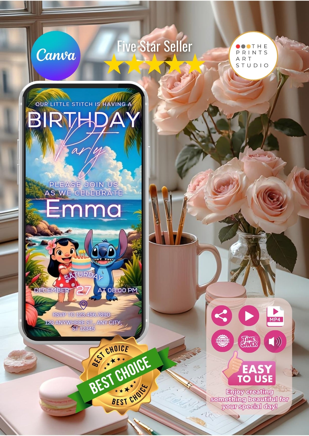 Lilo and Stitch birthday video invitation showcasing tropical theme and animated excitement for memorable celebrations.