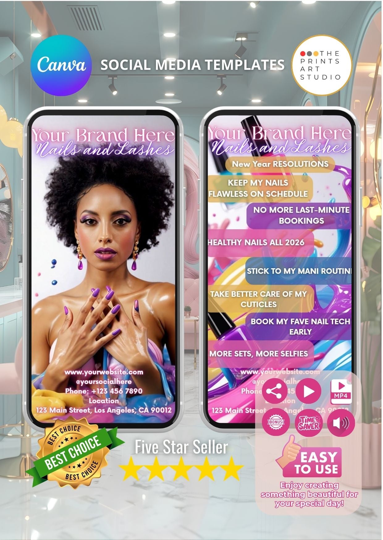Afro American nail salon promo video template for social media marketing featuring beauty professional and salon services.