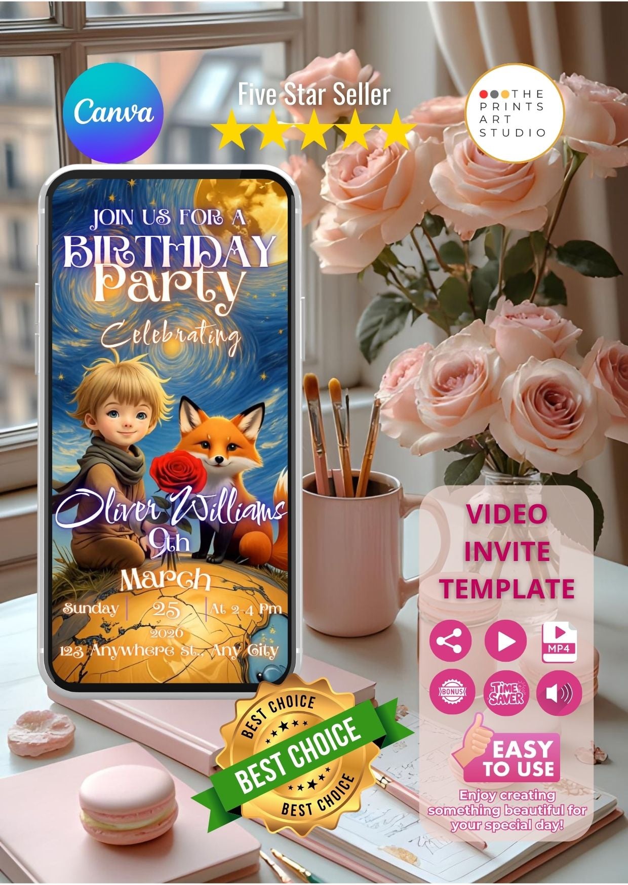 Little Prince Style Birthday Video Invitation displayed on a smartphone surrounded by roses, highlighting the customizable Canva template.