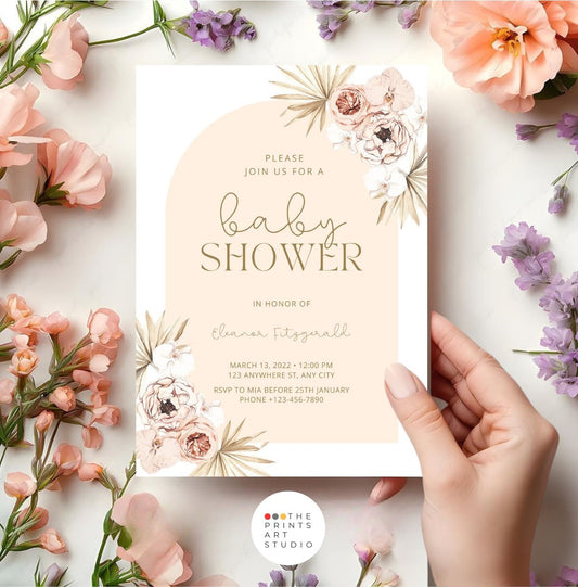 Pastel Boho Floral Baby Shower Invitation | Neutral Arch Editable Template | Digital Download