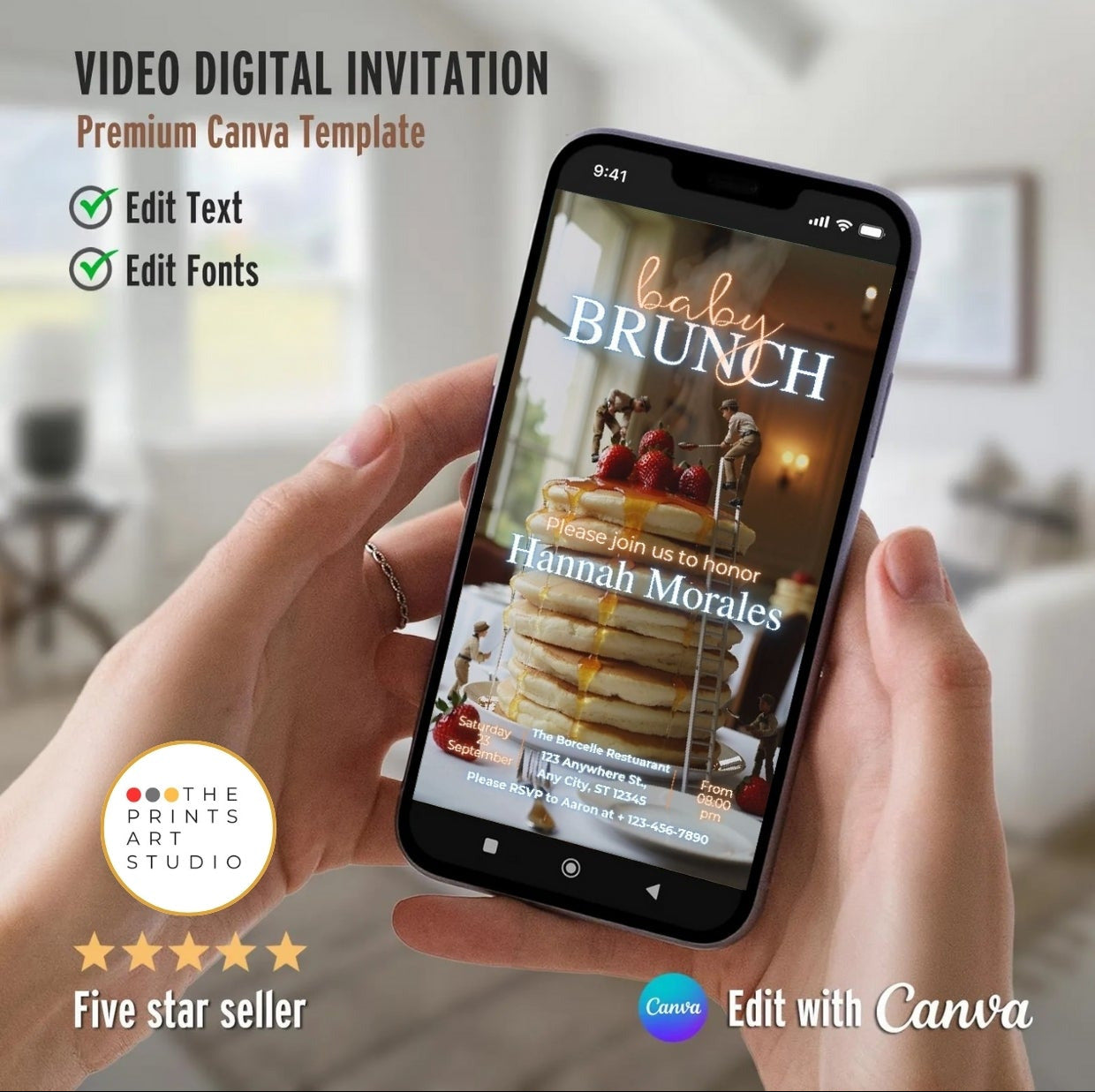 Baby Shower Video Invitation Dreamy Canva Editable on a smartphone, showcasing a customizable video template with pastel tones.