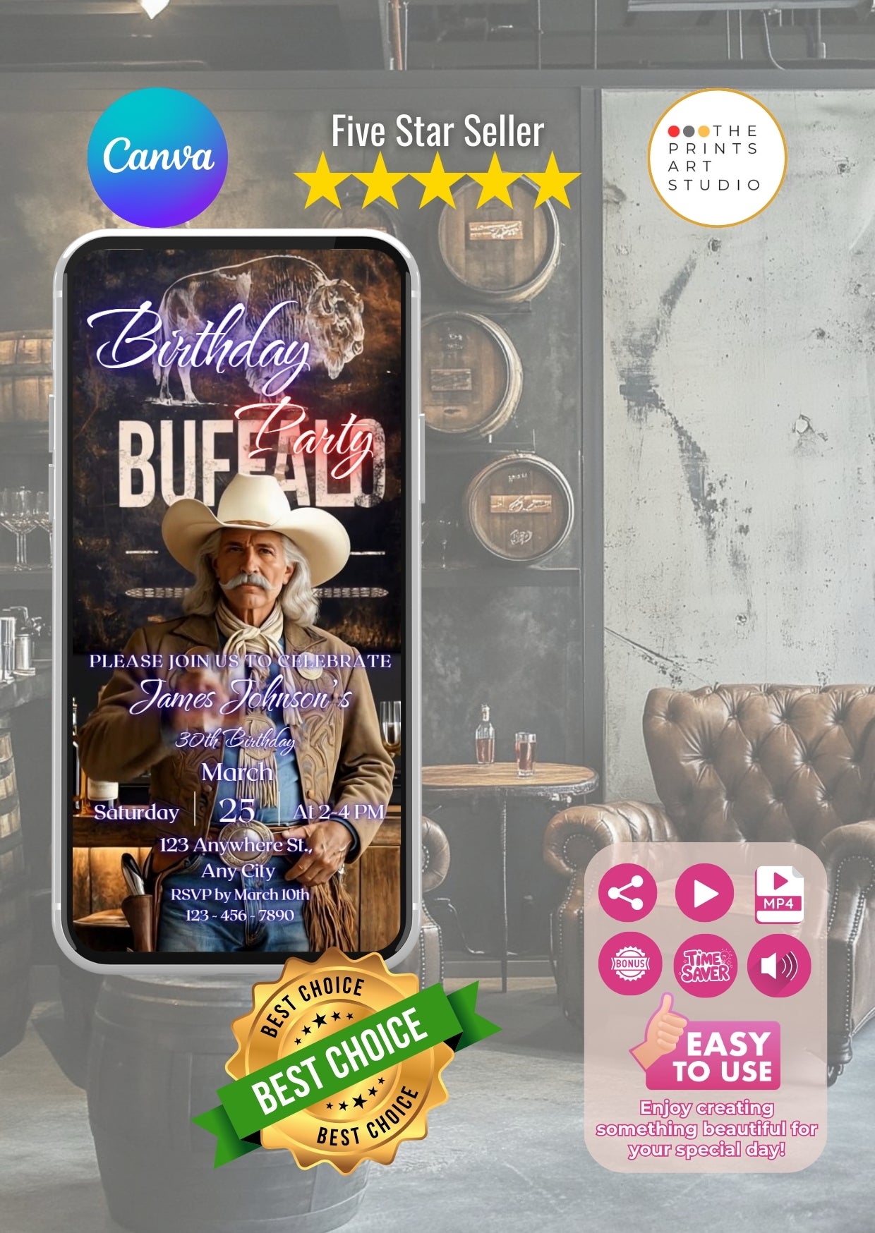 Buffalo Bill Birthday Invitation Video displayed on smartphone with western-themed background, showcasing cinematic invitation design.