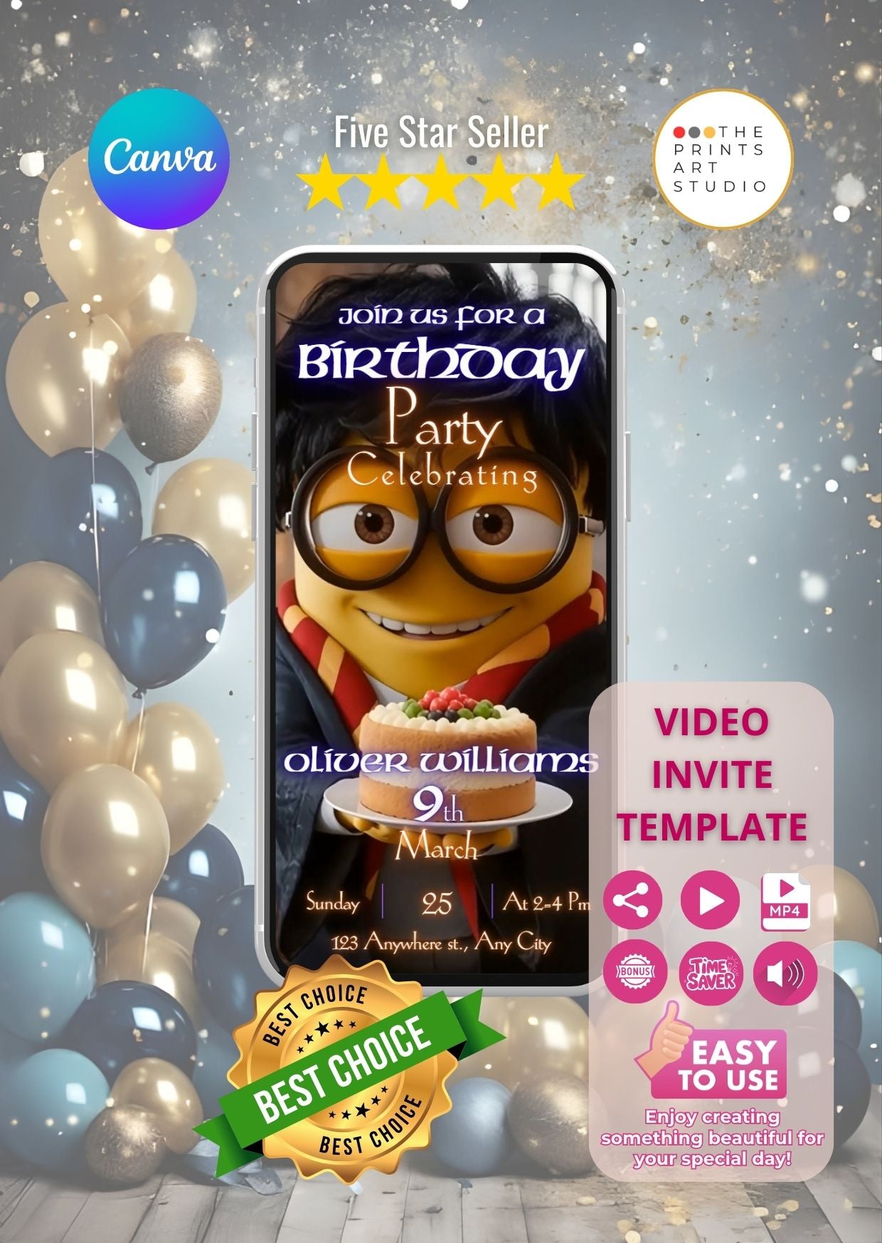 Harry Potter Minions birthday video invitation with animated minion character dressed as a wizard.