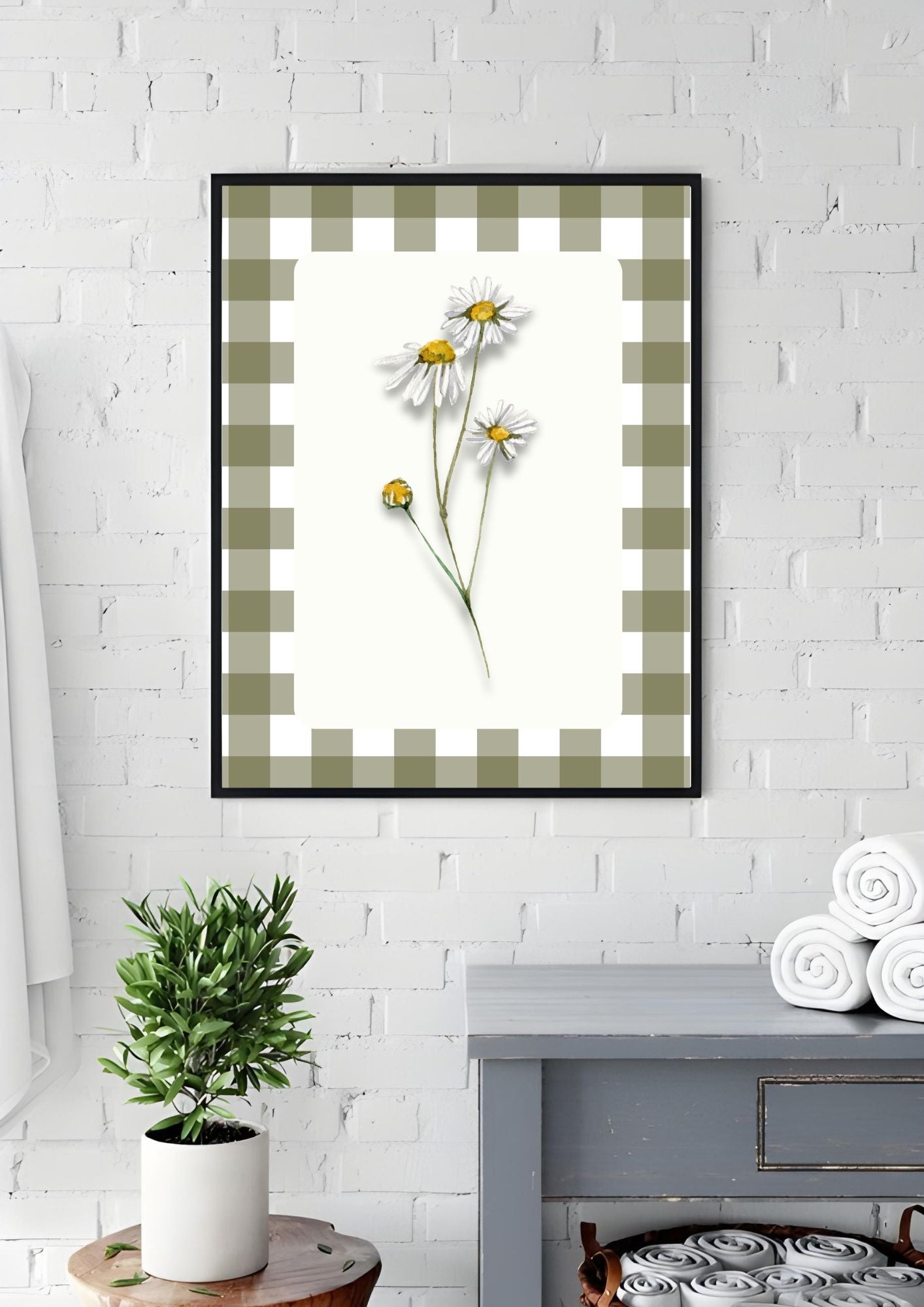 Summer Daisy Wall Art Printable – Farmhouse Kitchen Decor – Gingham Country Style Botanical Art