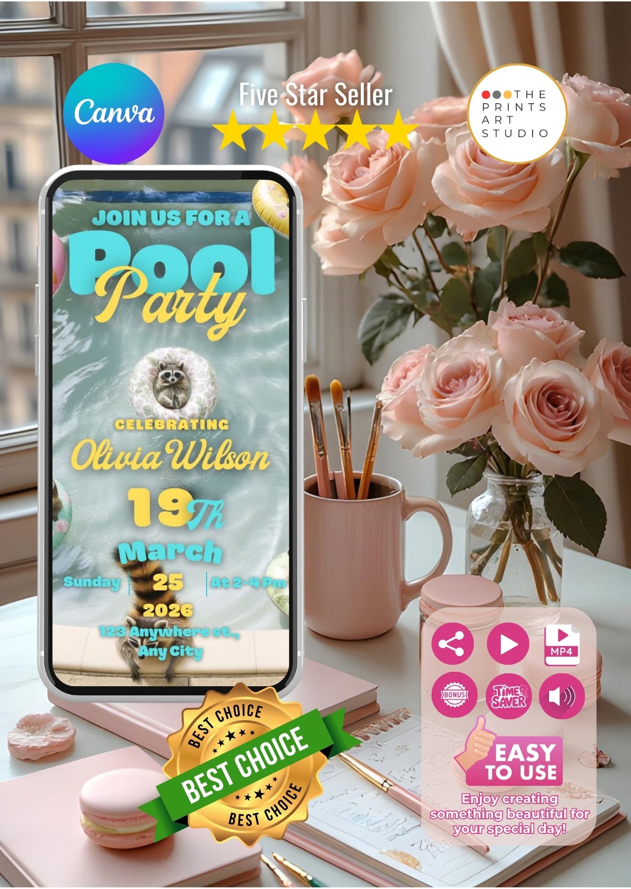 Editable Canva Pool Party Video Invitation displayed on smartphone with floral decor, showcasing customization and vibrant design features.
