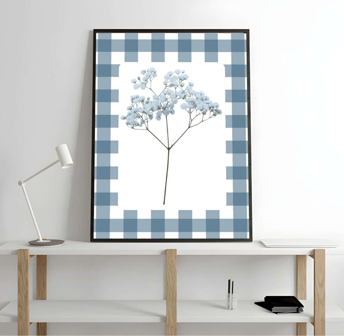 Blue Gingham Baby's Breath Print with blue floral print on a modern shelf