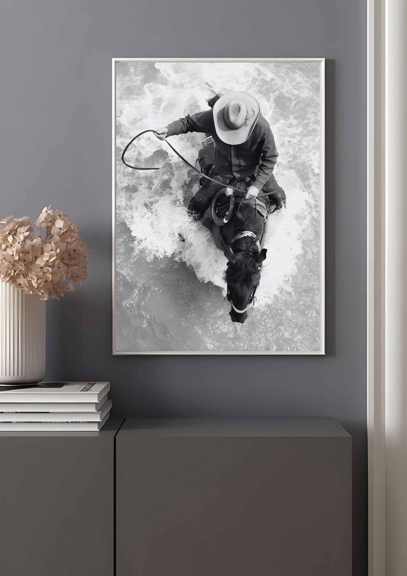 Western Horse Wall Art featuring cowboy riding a horse through water, black and white photo.