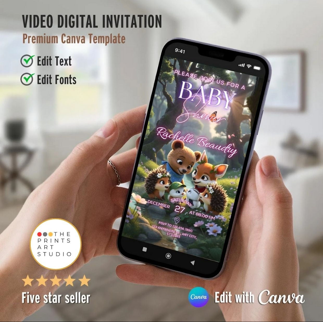 Editable Baby Shower Video Invitation with cute forest animals displayed on a smartphone screen, showcasing a woodland theme.