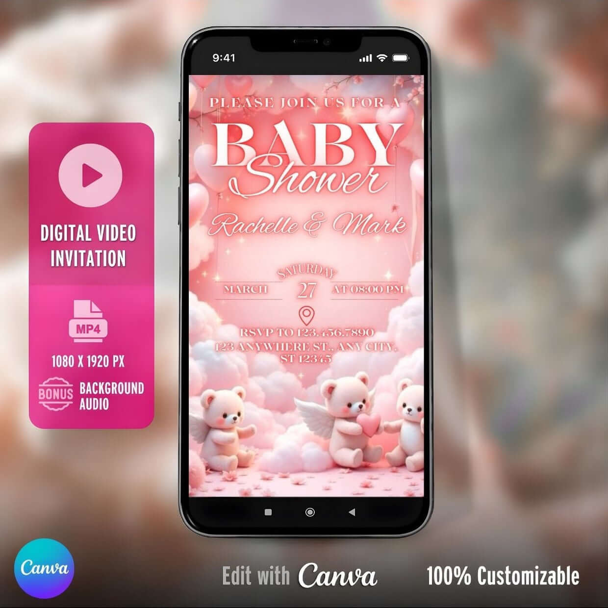 Baby Shower Video Invitation – Cute pink cloud bear-themed animated invite