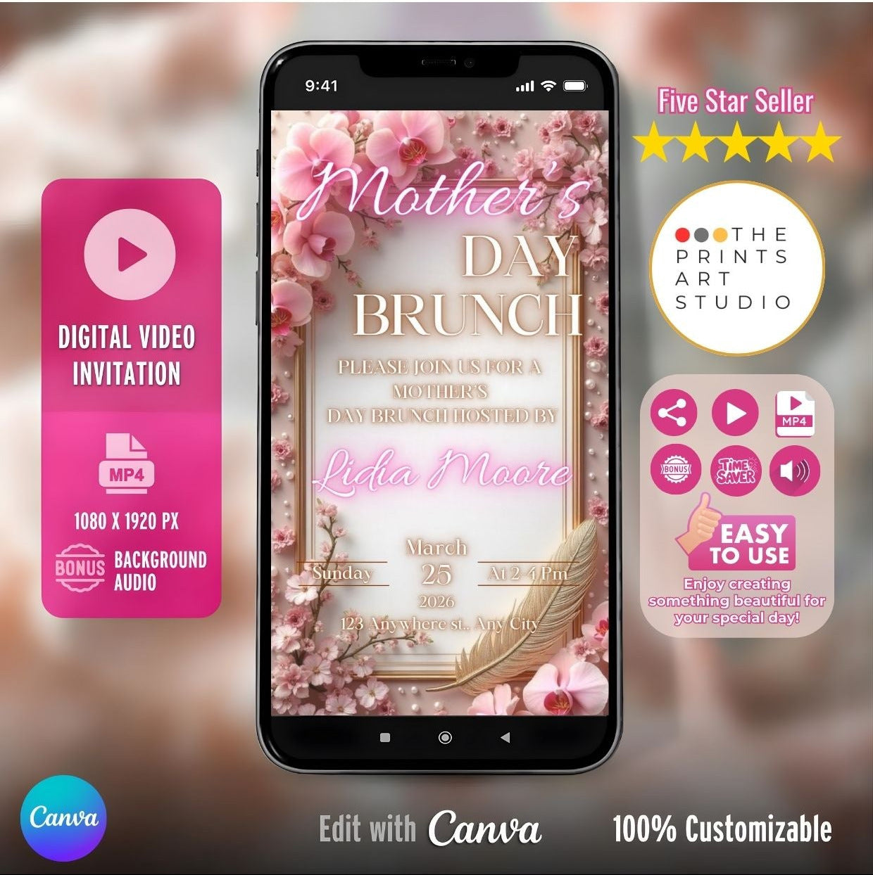 Mother's Day Brunch Video Invitation displayed on a smartphone with pink floral design and digital features.