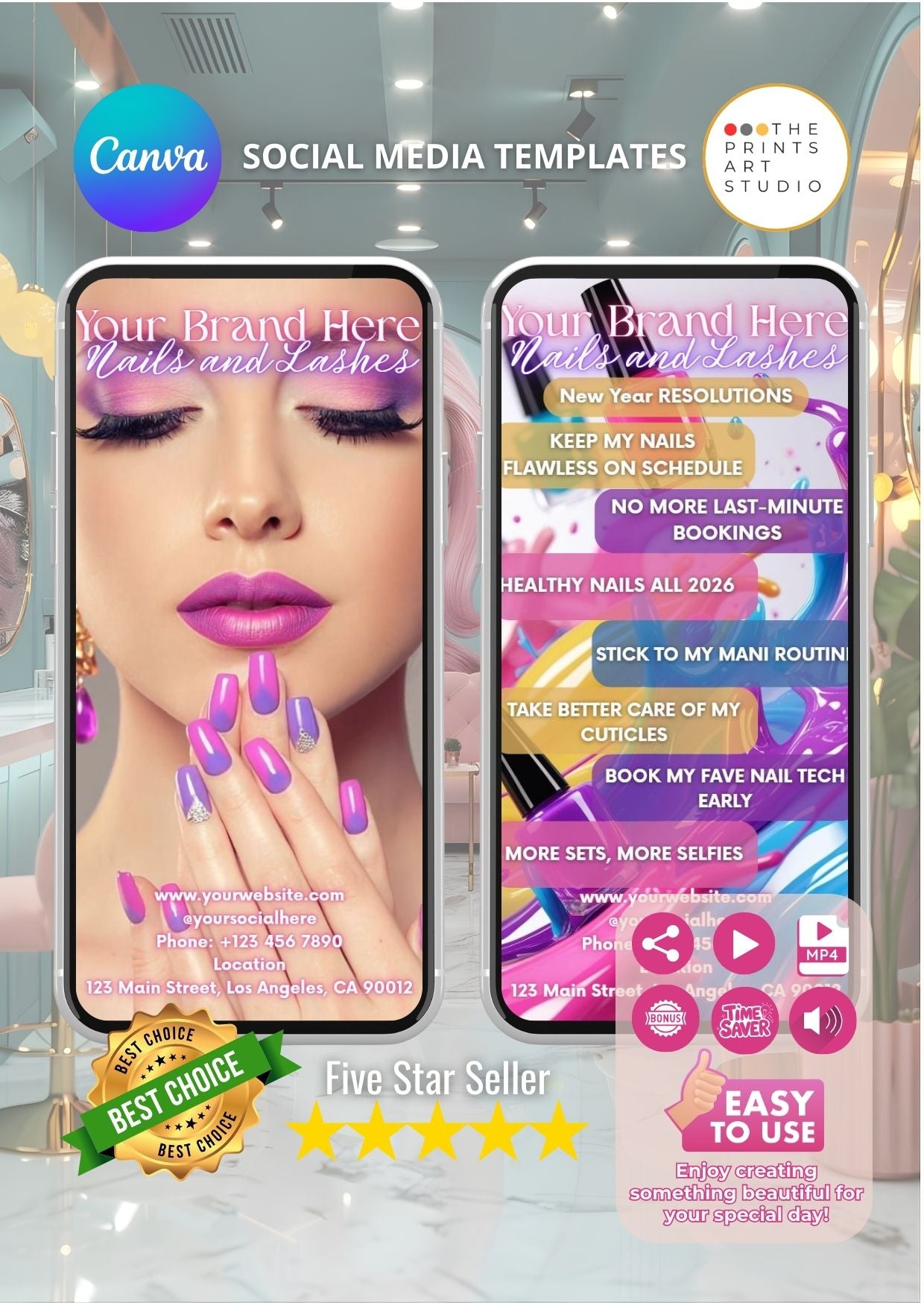 nail salon promo video template for Canva with stylish design, purple nails, social media marketing.