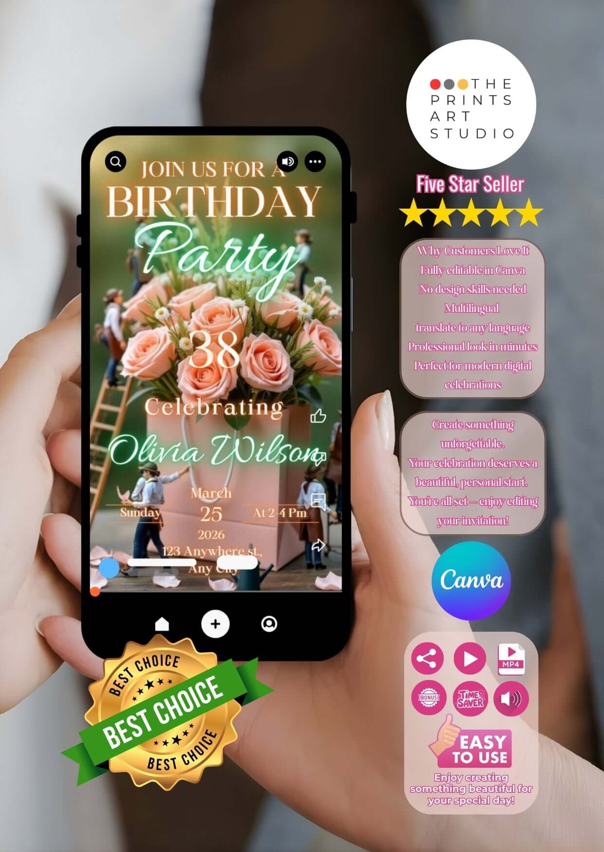 Birthday Video Invitation template displayed on smartphone screen with floral design and event details.