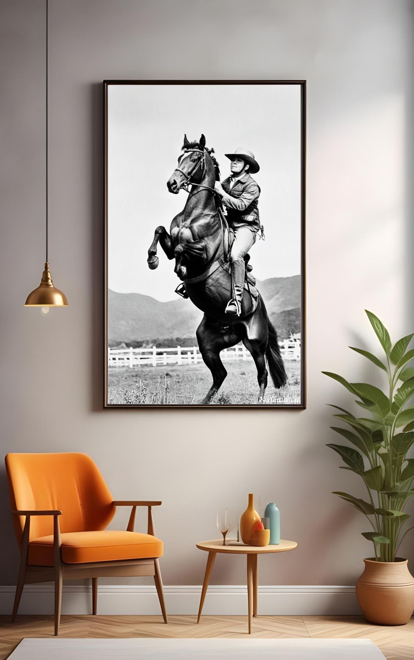 Western Wall Art in black and white featuring a cowboy on a rearing horse, embodying frontier strength and freedom.