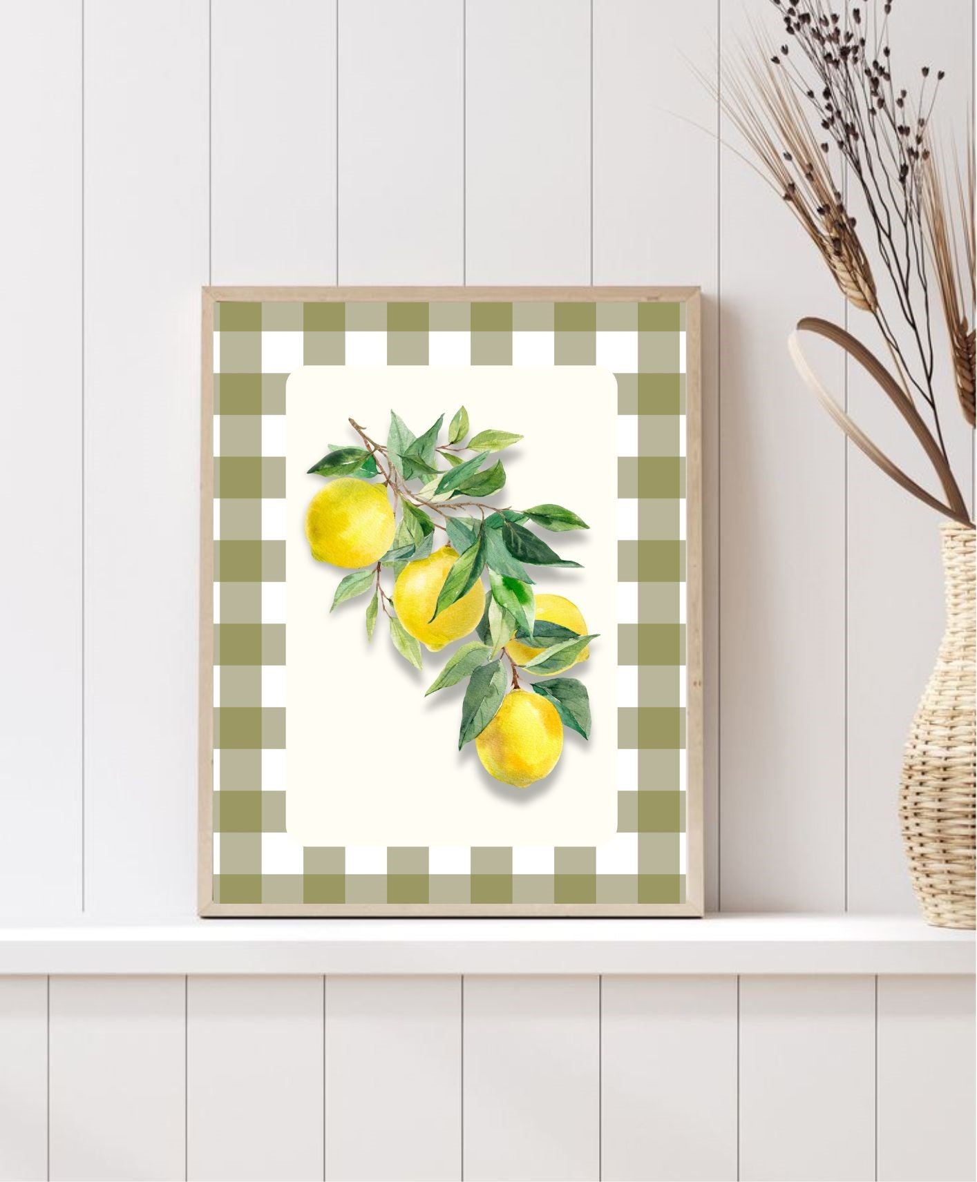 Lemon Kitchen Wall Art – Country Style Gingham Fruit Print – Fresh Summer Citrus Poster
