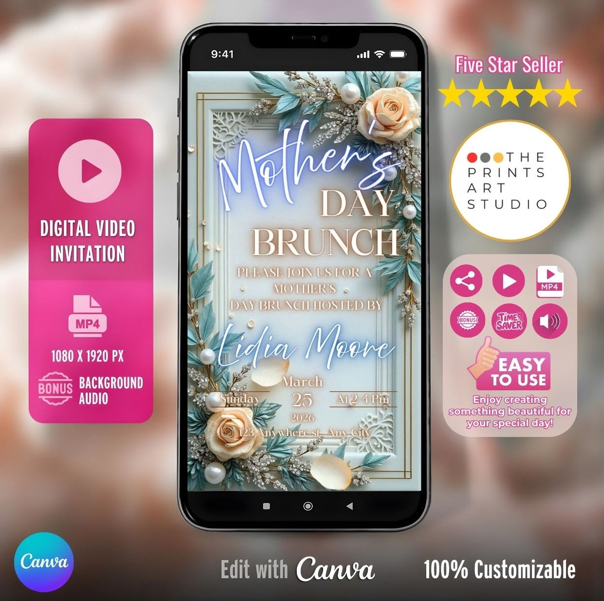 Mother’s Day Video Invitation for elegant brunch, featuring a customizable Canva design with floral accents on a smartphone display.