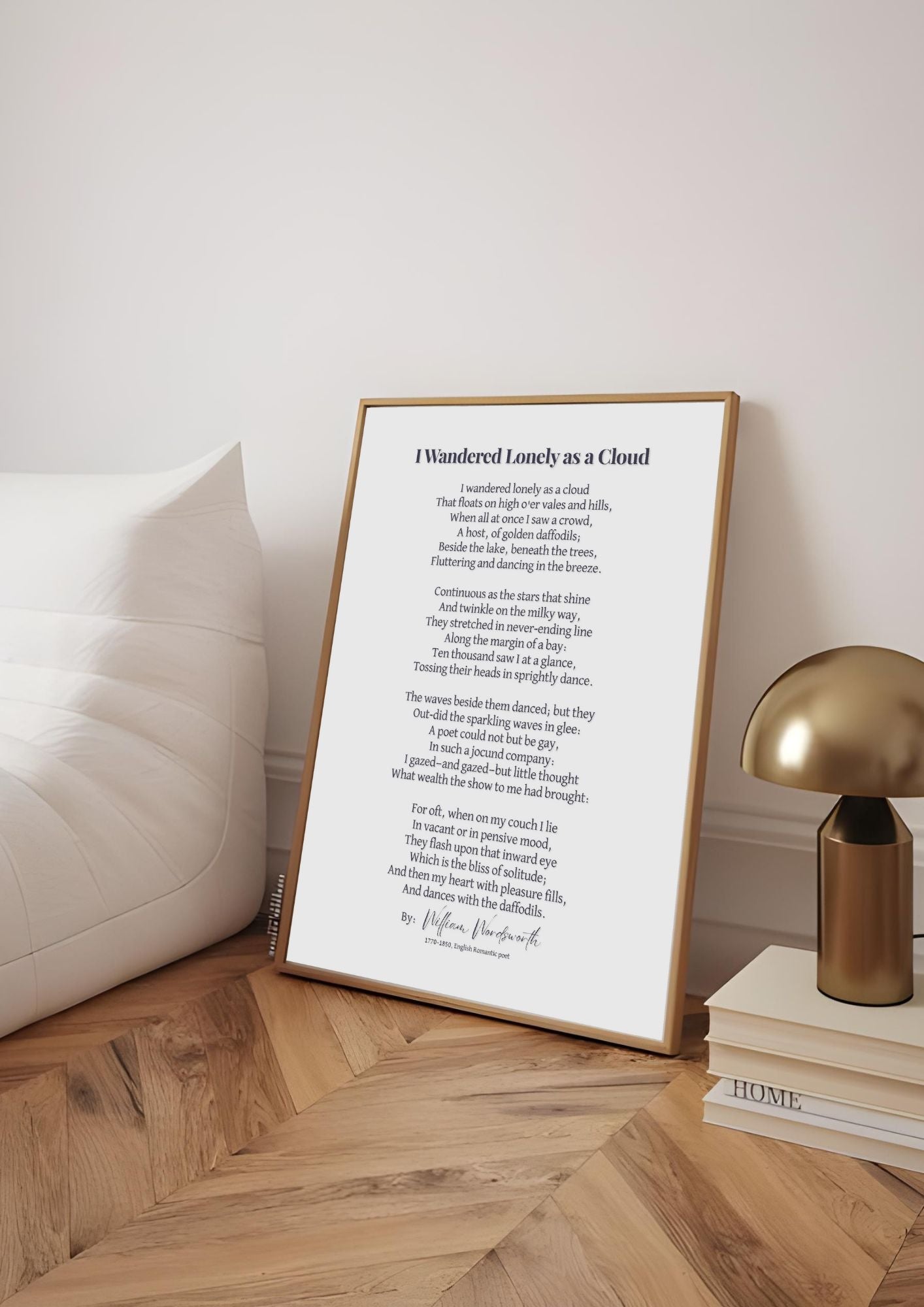 I Wandered Lonely as a Cloud Poem Print – Literary Wall Art on wooden floor next to modern lamp and white sofa.
