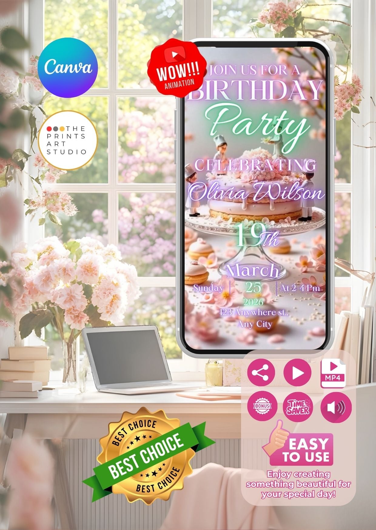 Birthday Video Invitation template with pastel pink cake and blossoms, featuring a whimsical design.