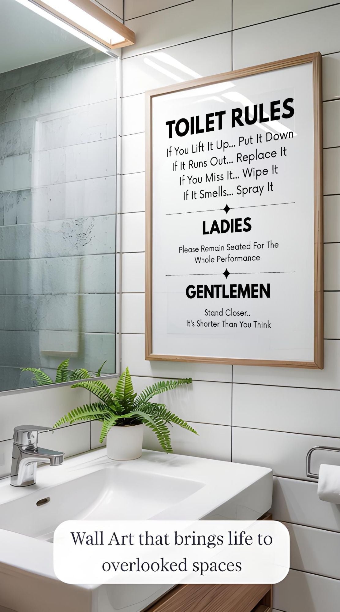 Funny Toilet Rules Sign – Humorous Bathroom Wall Art Printable | WC Decor Digital Download displayed in modern bathroom.