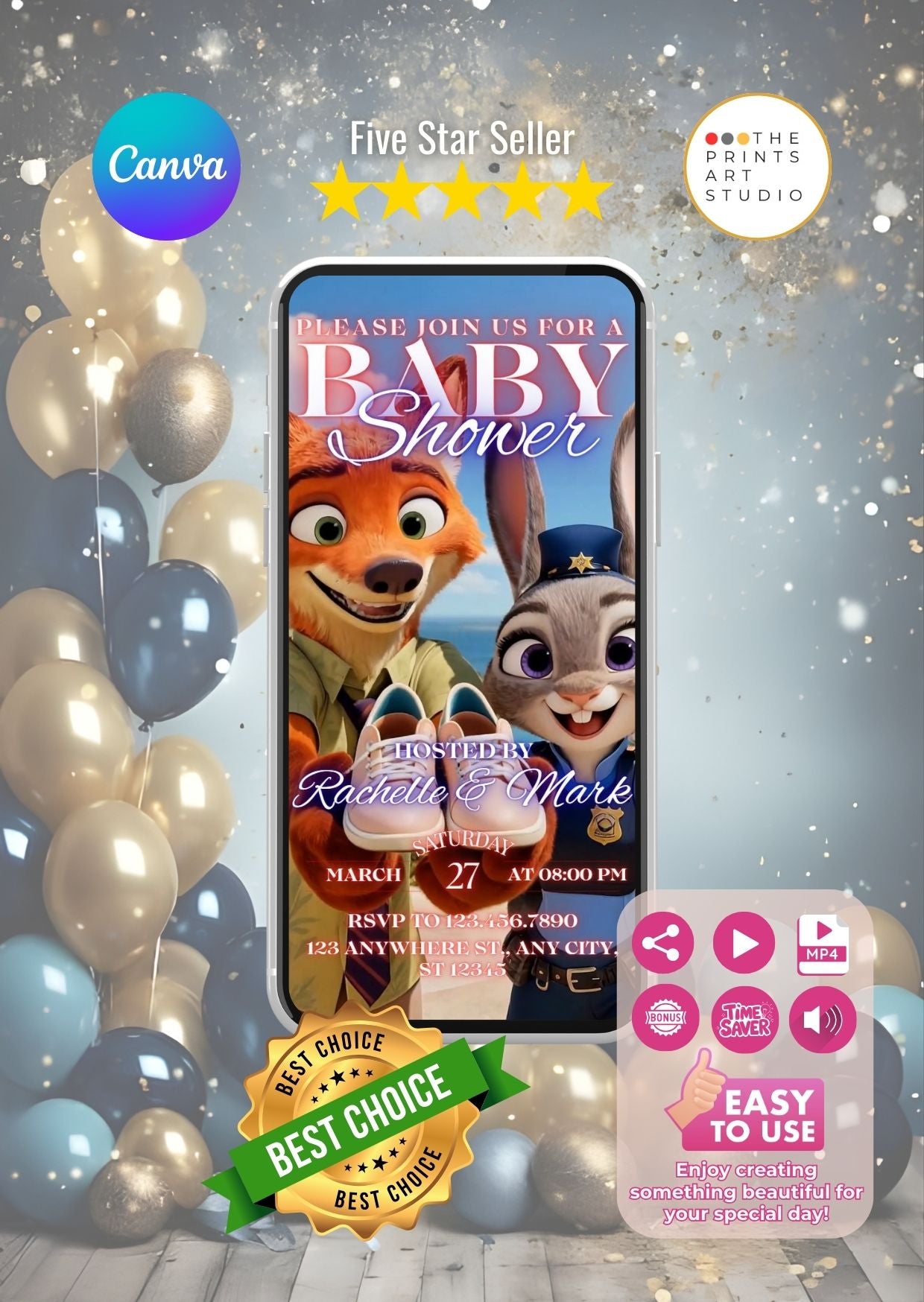 Zootopia baby shower video invitation with animated animal characters on smartphone screen, surrounded by balloons and stars.