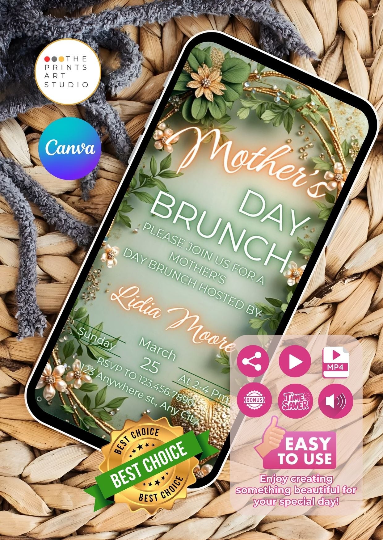 Family Brunch Video Invitation displayed on smartphone with Canva and editing options