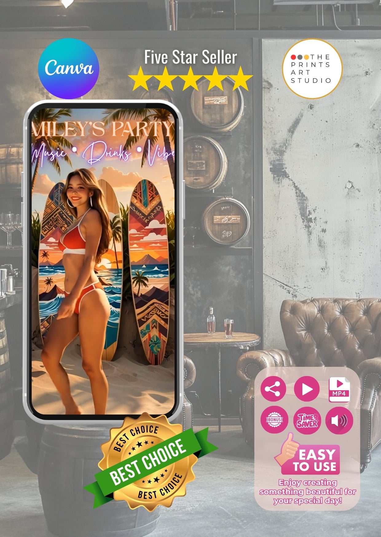 event video invitation template for bars and clubs featuring beach party theme on mobile screen