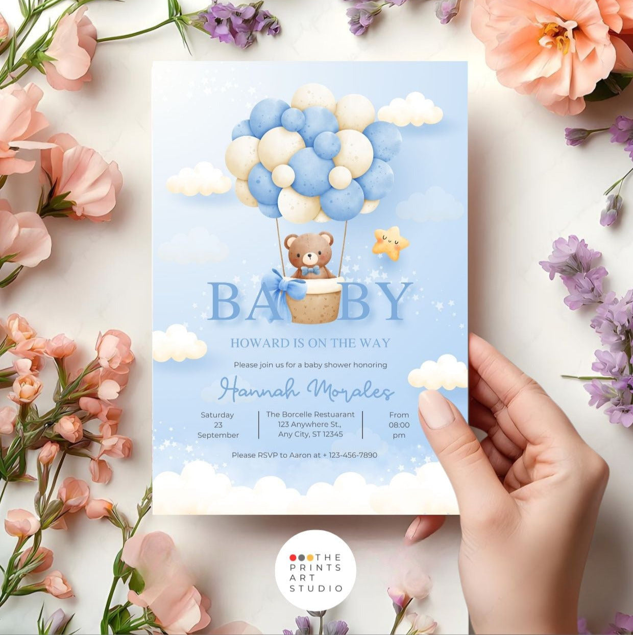 Blue Teddy Bear Baby Shower Invitation | Editable Boy Baby Shower Invite | Gender Neutral Balloon Bear Template | Printable Digital Download