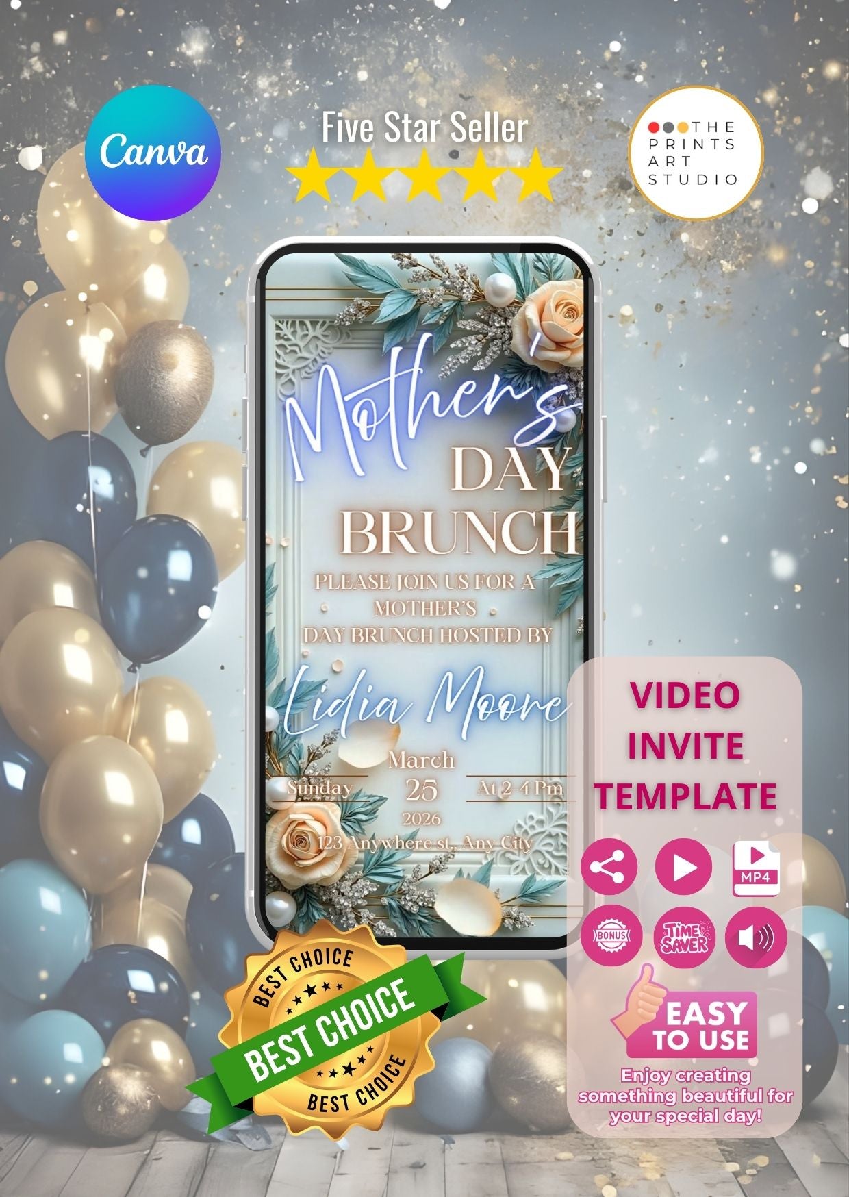 Mother’s Day Video Invitation – Elegant brunch invitation on phone with balloons, stars, and Canva design.