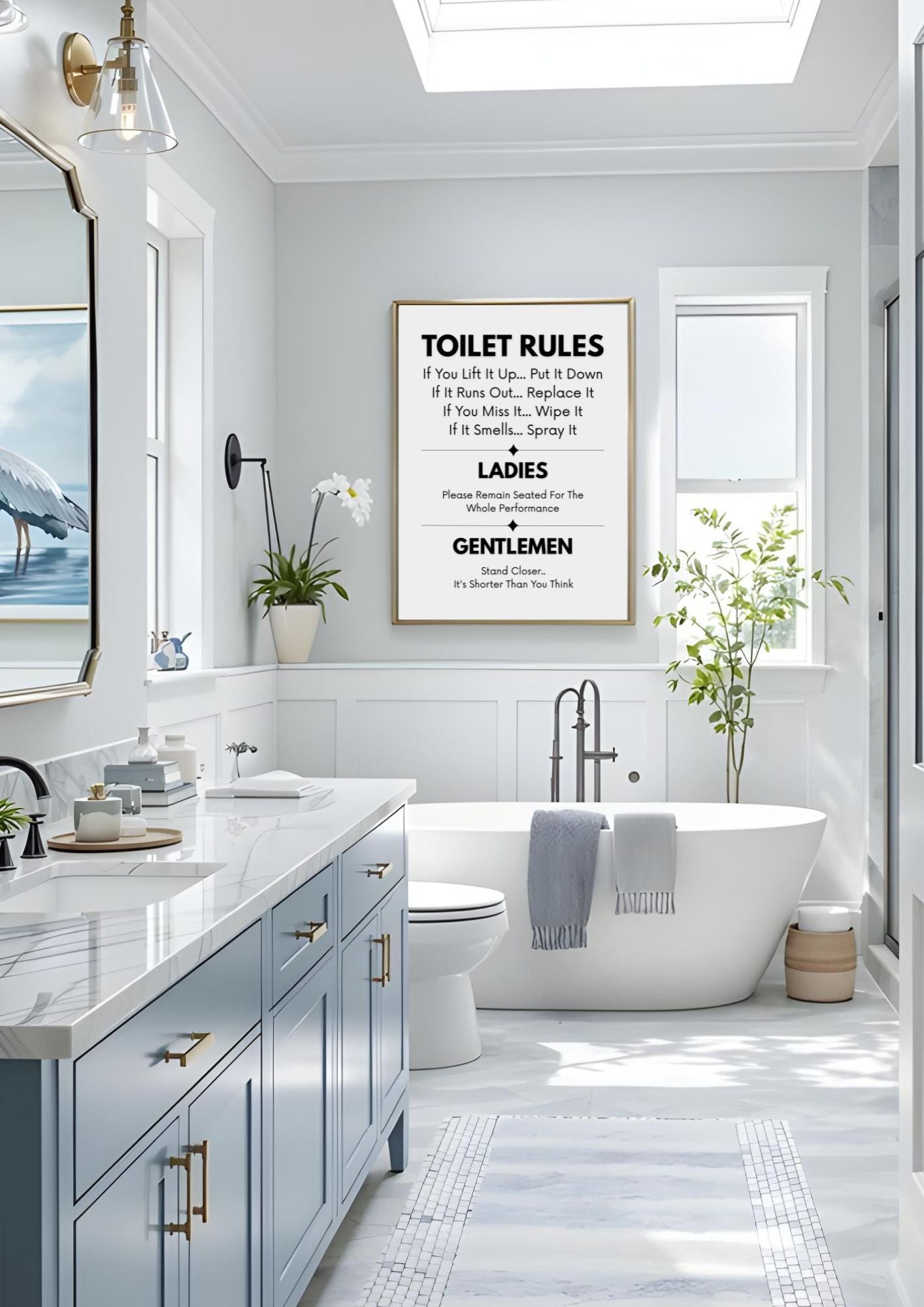 Bathroom with Funny Toilet Rules Sign – Humorous Bathroom Wall Art Printable | WC Decor Digital Download above tub.