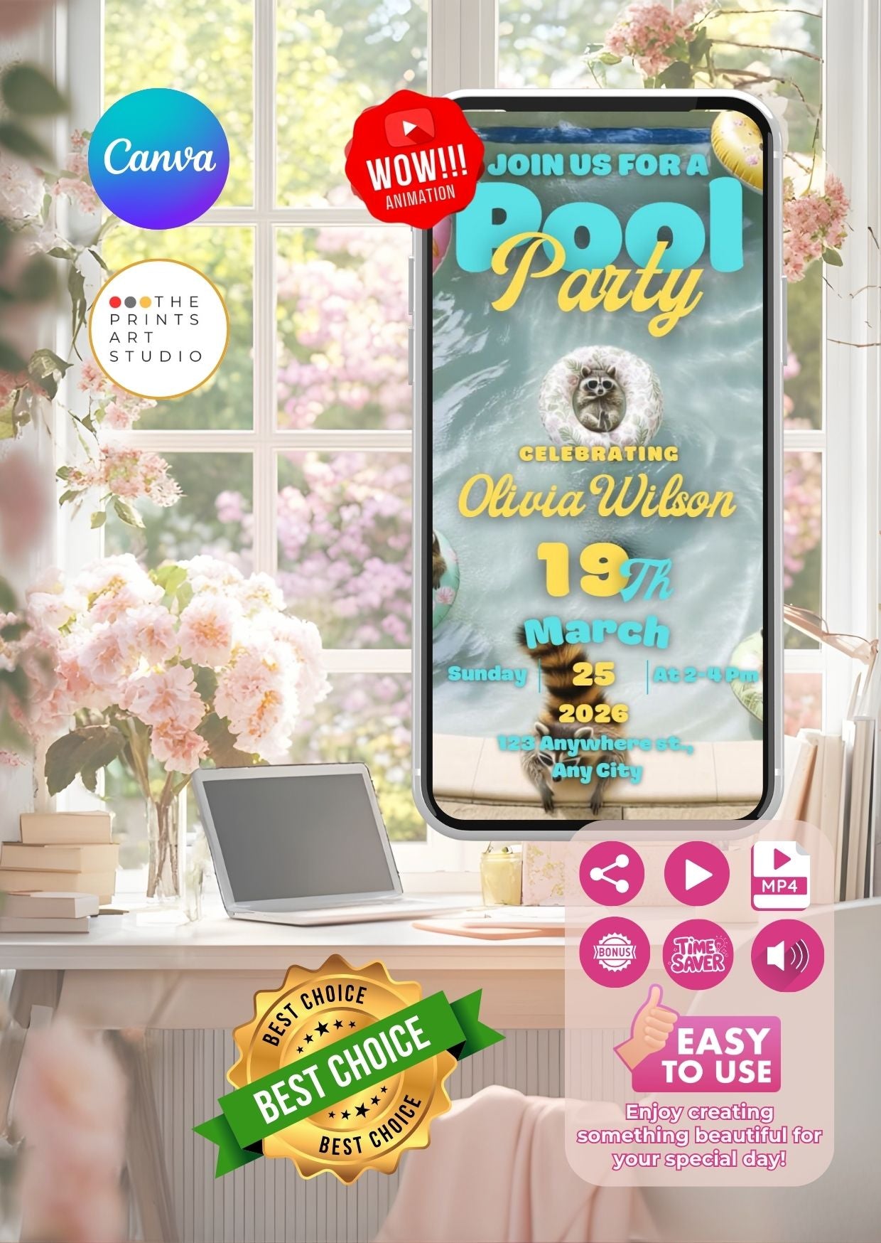 Editable Canva Pool Party Video Invitation template displayed on a phone with bright, vibrant colors and summer-themed design elements.
