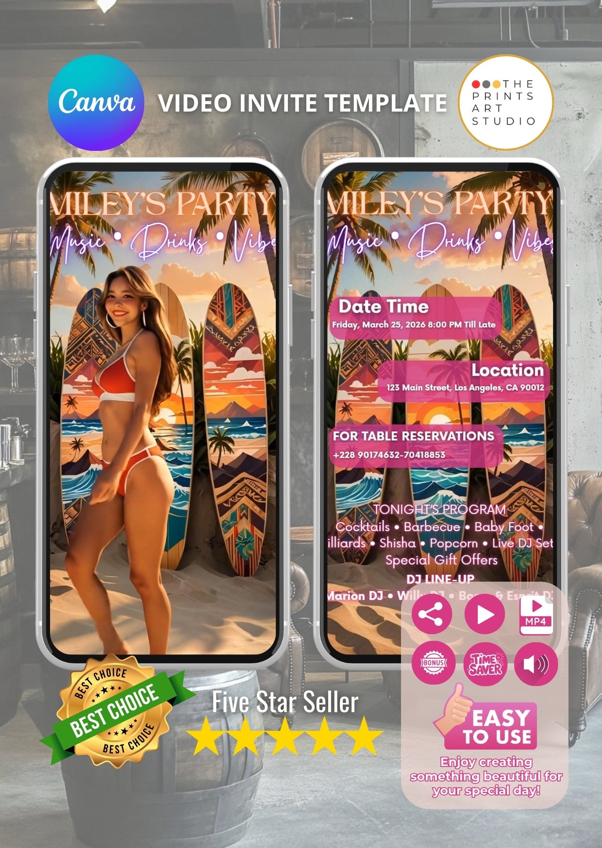 event video invitation template for bars and clubs, featuring vibrant beach party theme with surfboards and event details.